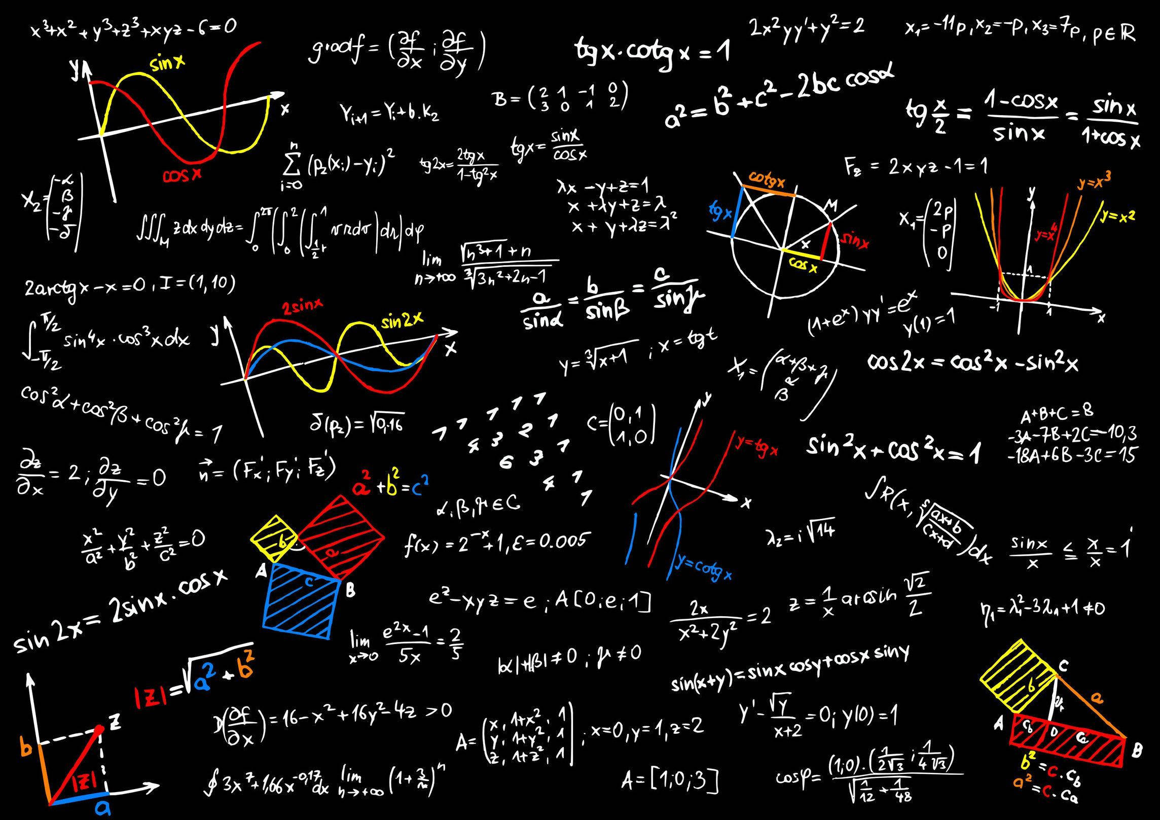 colorful handwritten math equations, red yellow blue and white, chaotic blackboard, Full HD Desktop Wallpaper
