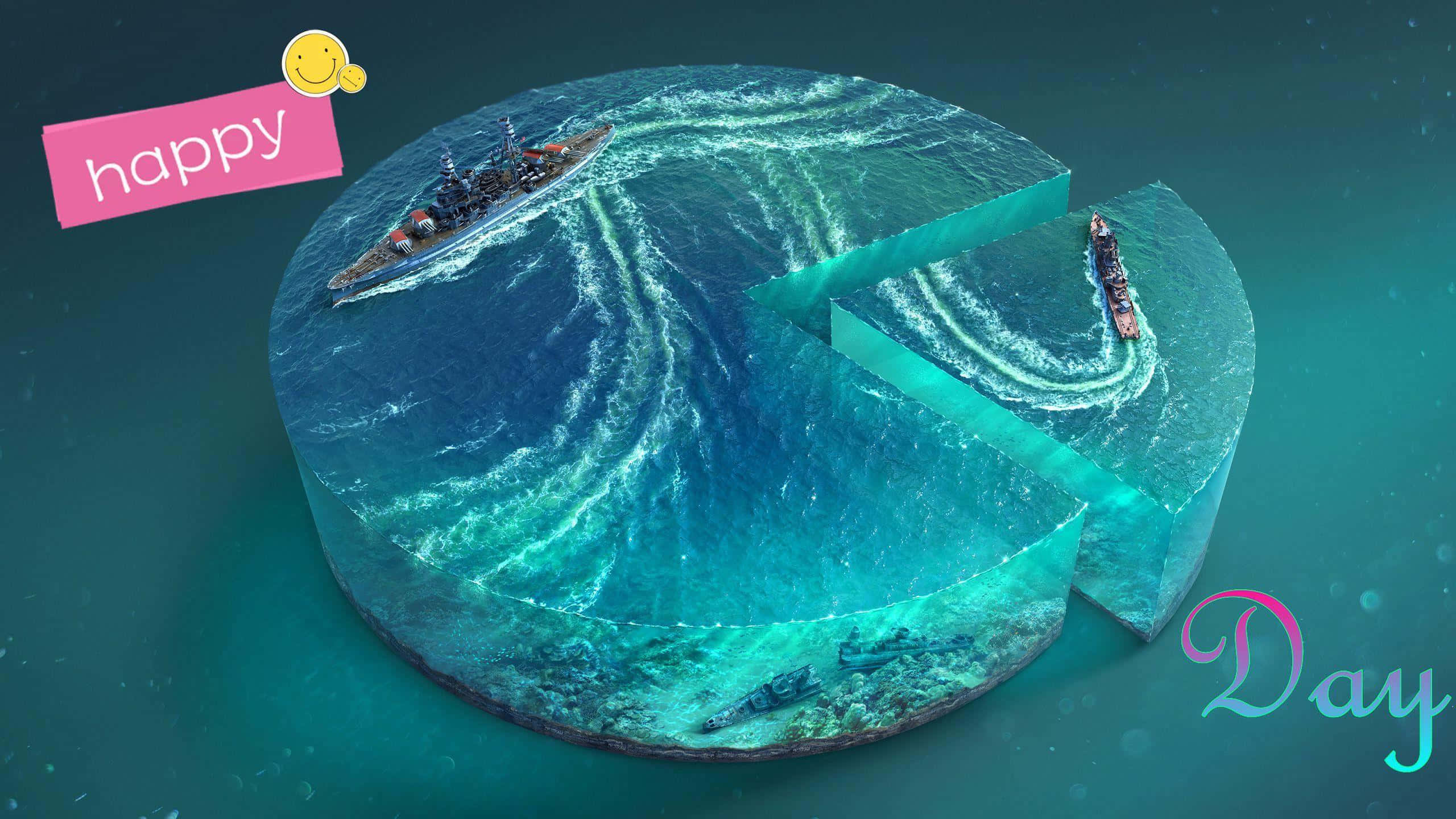 pi day, 3d-rendered pie chart, ocean water, 2K Desktop Wallpaper