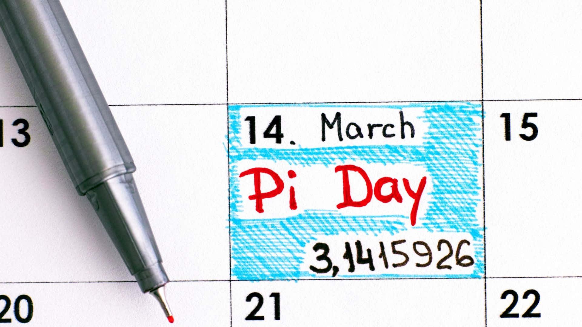 Pi Day, red handwritten text, blue crayon shading, Full HD Desktop Wallpaper