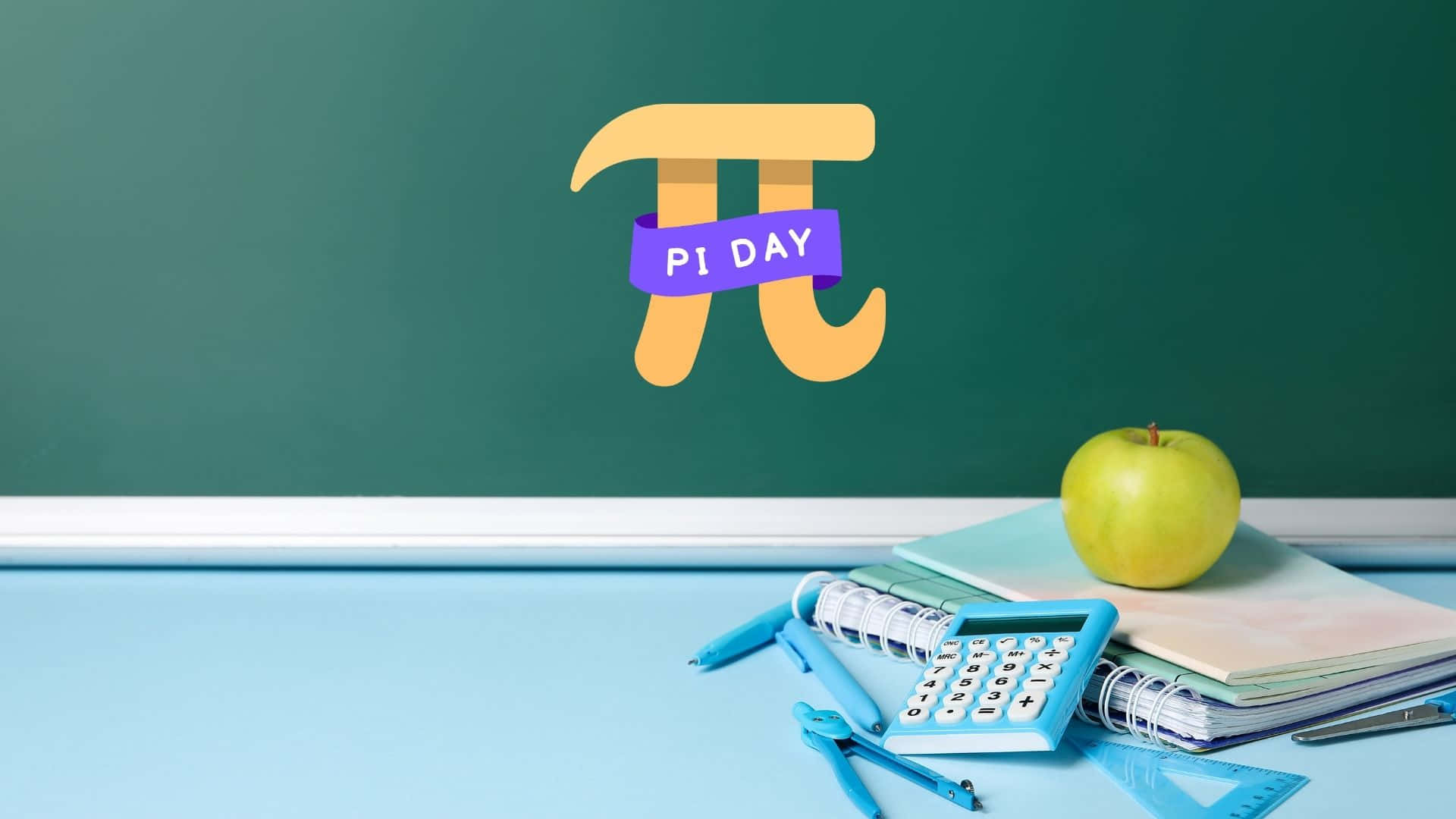 Pi Day, green chalkboard, notebooks, Full HD Desktop Wallpaper