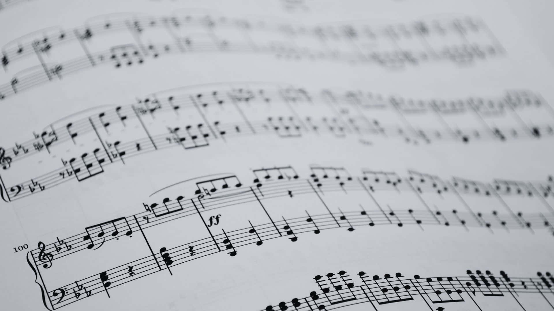 black and white piano key music, sheet music, measure marked 100, Full HD Desktop Wallpaper