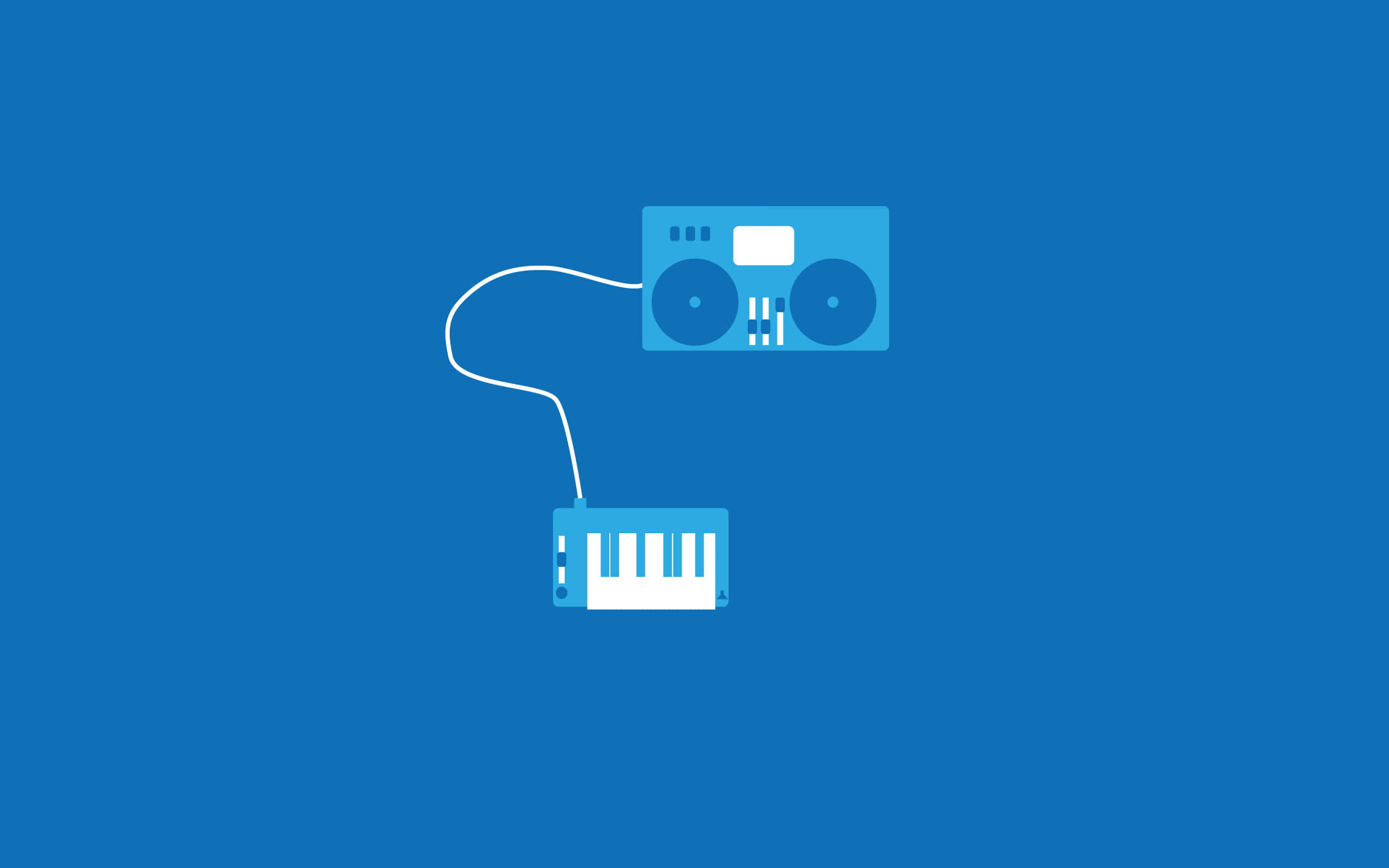 minimalist blue boombox, small keyboard, solid blue background, 2K Desktop Wallpaper