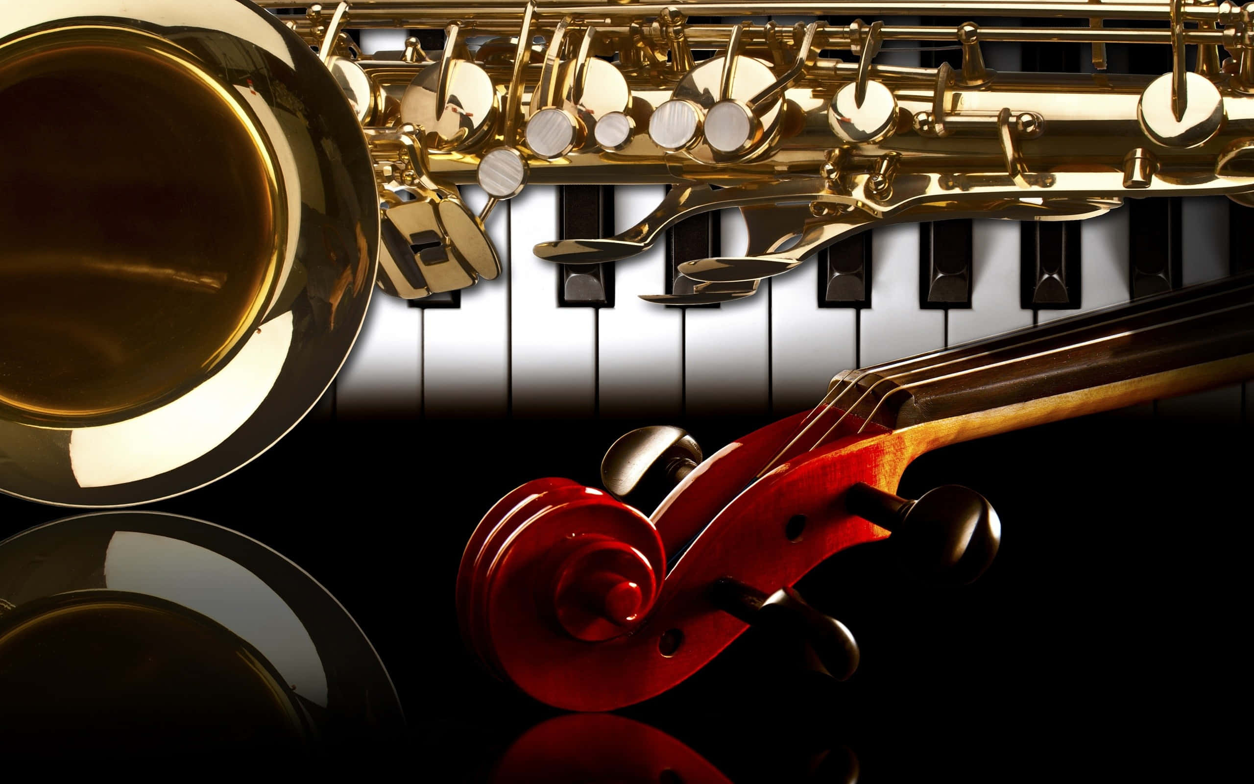 golden saxophone, violin, piano keys, 2K Desktop Wallpaper