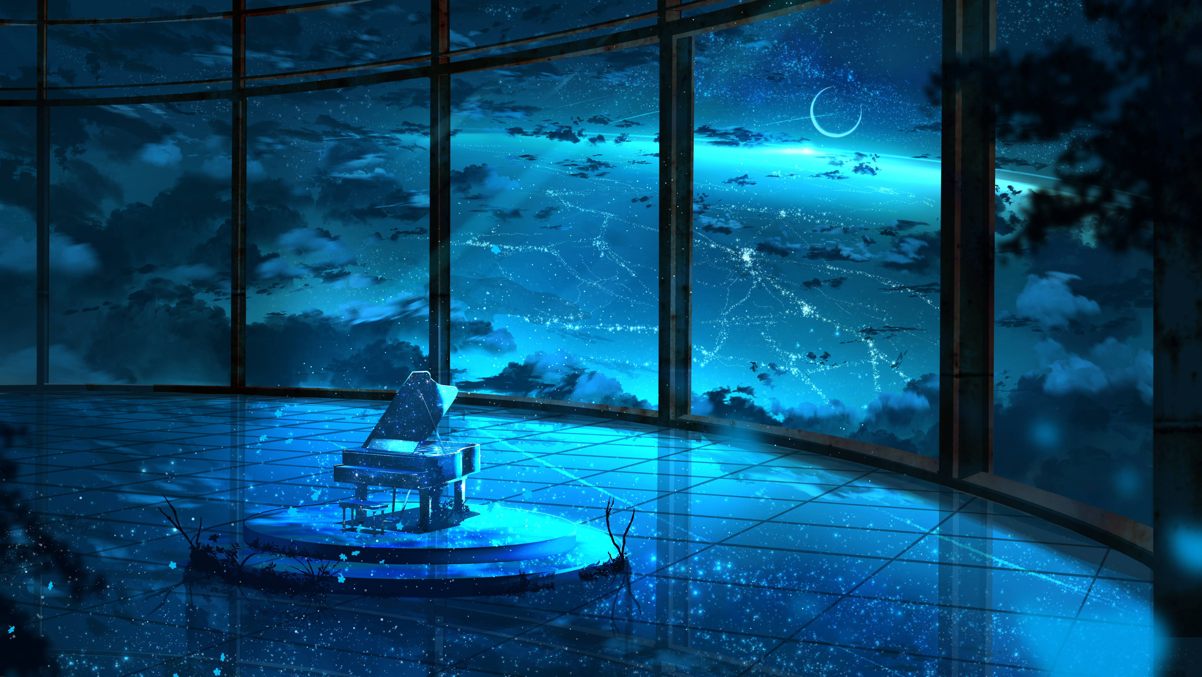Piano, luminous blue glass room, circular platform, 4K Desktop Wallpaper