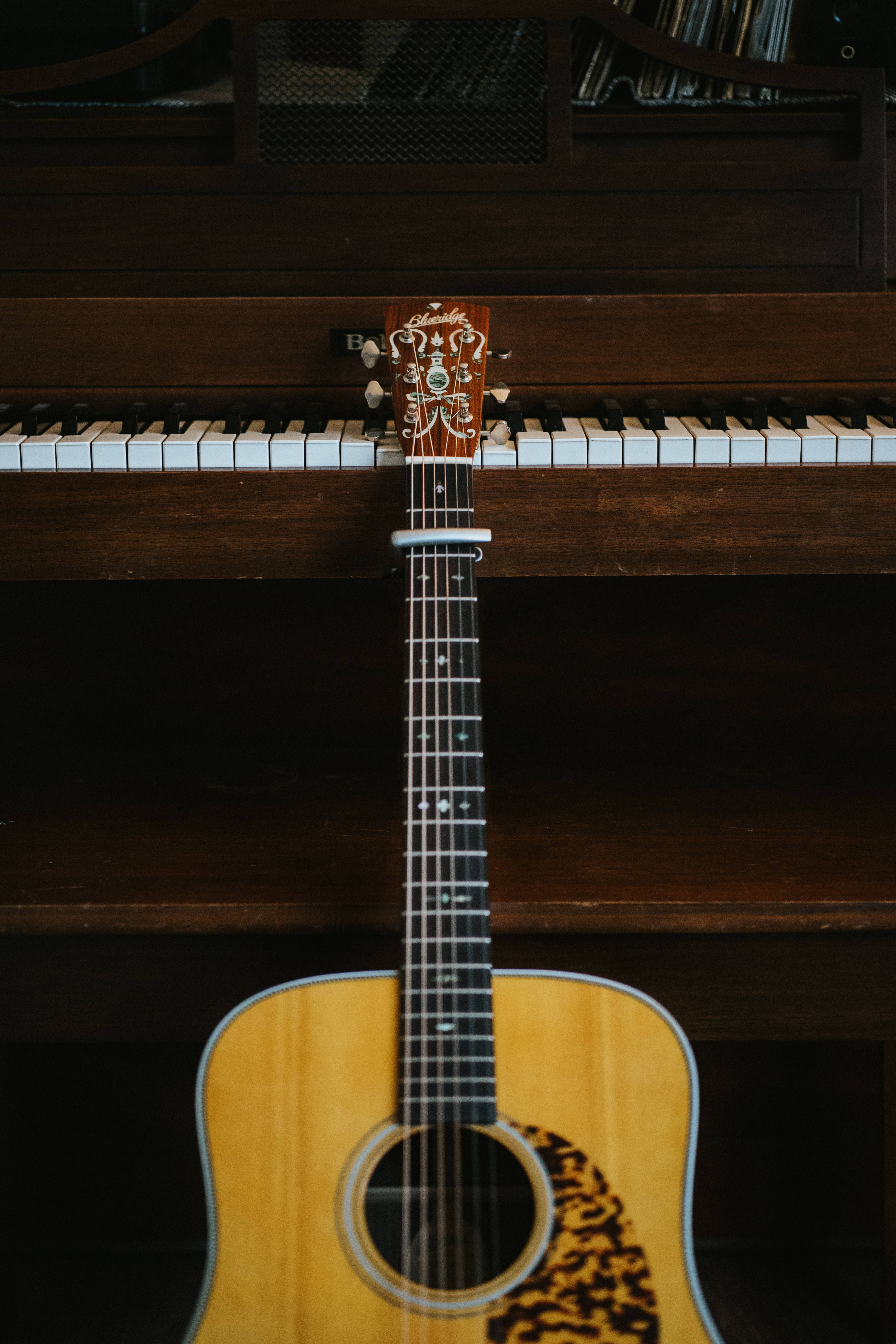 acoustic guitar, piano, light wood, 5K Phone Wallpaper
