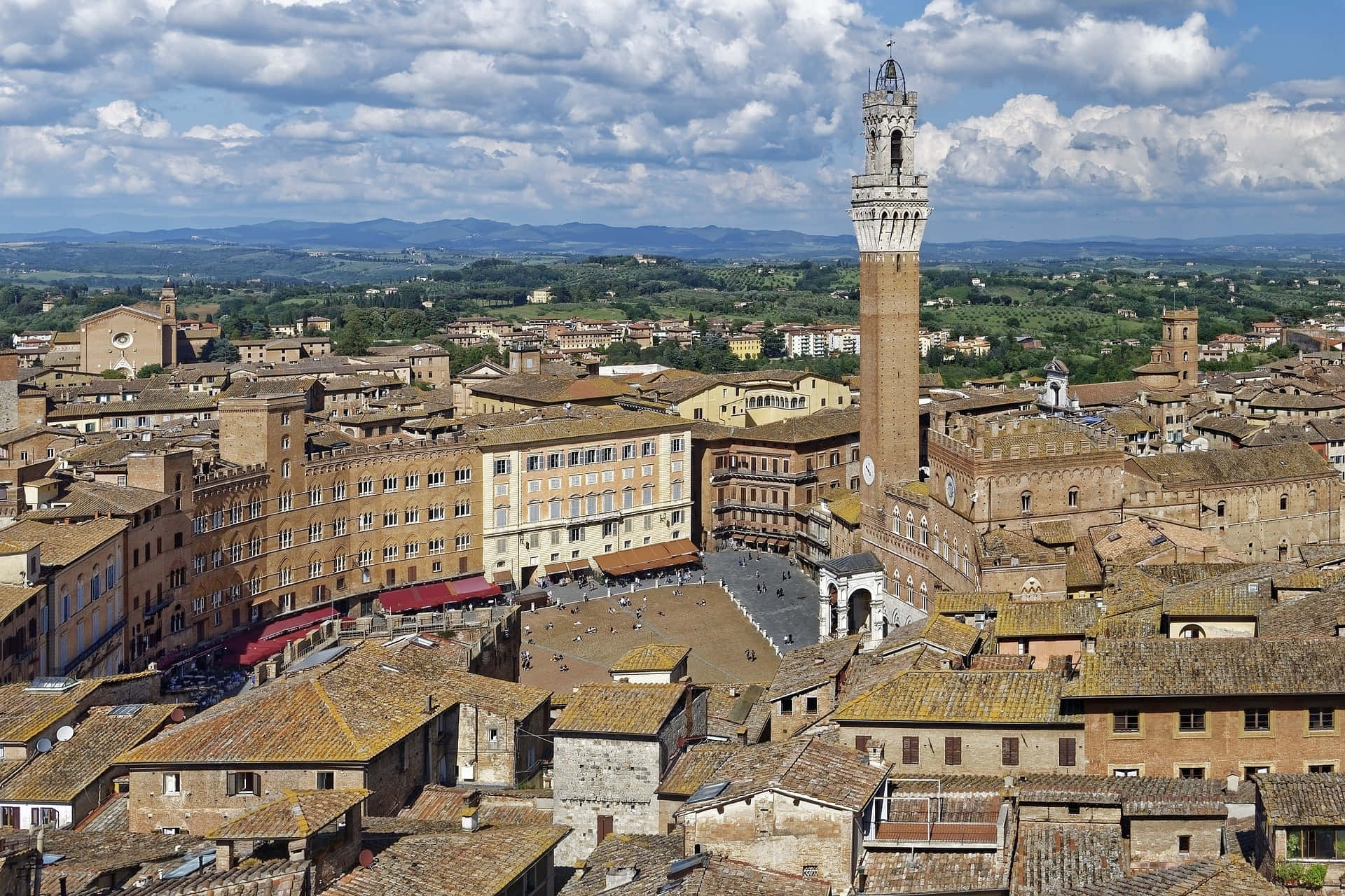 Piazza Del Campo, terracotta rooftops, tall bell tower, Full HD Desktop Wallpaper