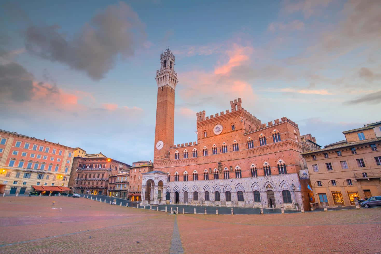Piazza Del Campo, twilight, soft pink and blue sky clouds, HD Desktop Wallpaper