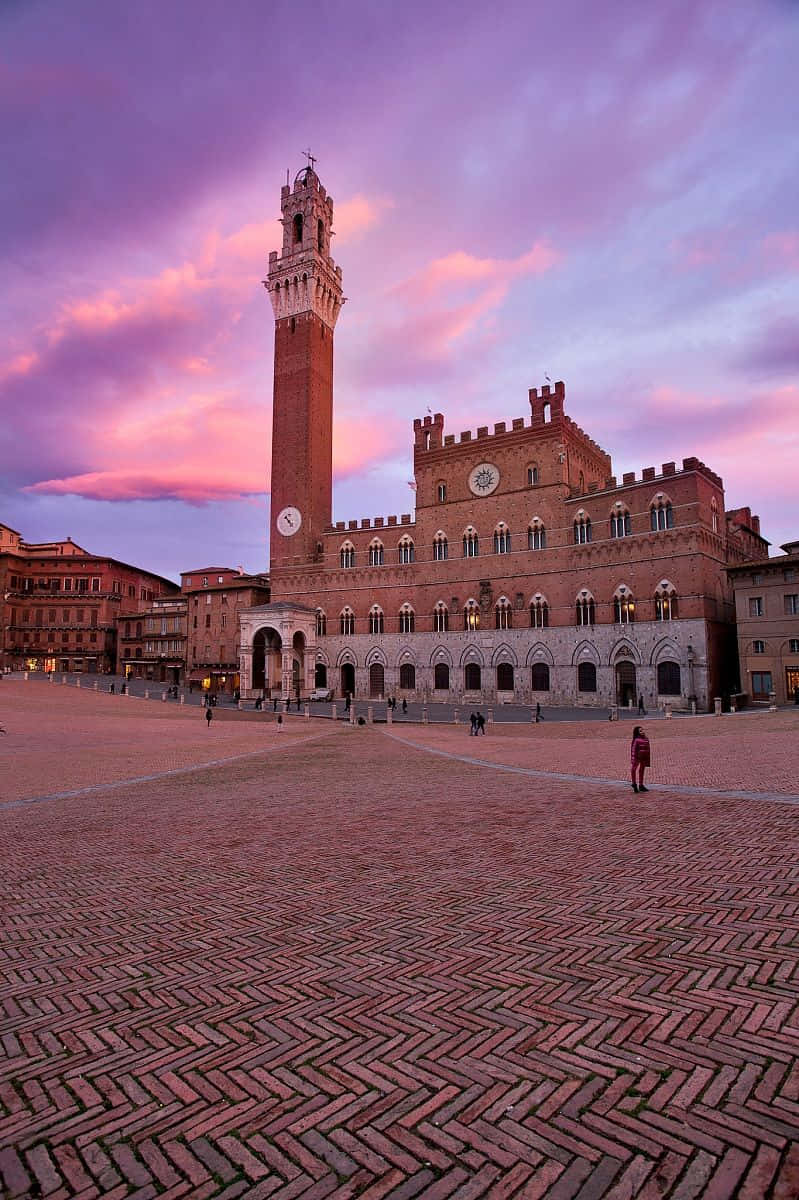 Piazza Del Campo, clock tower, herringbone brick pavement, SD Phone Wallpaper