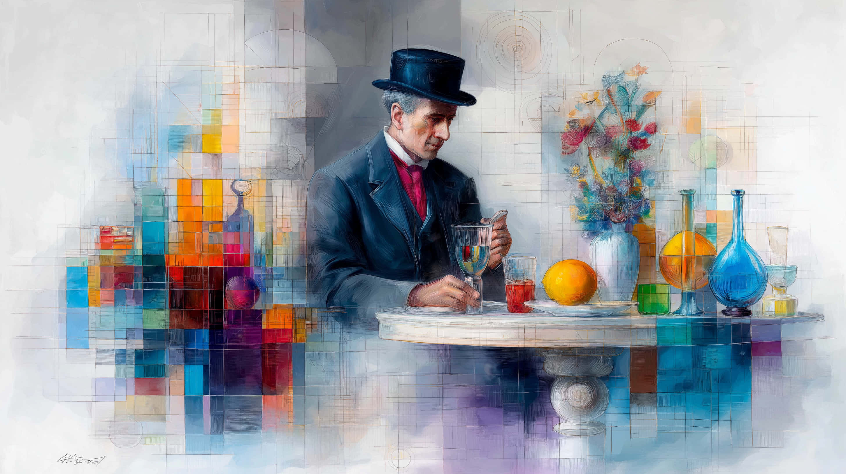 Picasso-Feininger style, gentleman in a top hat, table, 2K Desktop Wallpaper