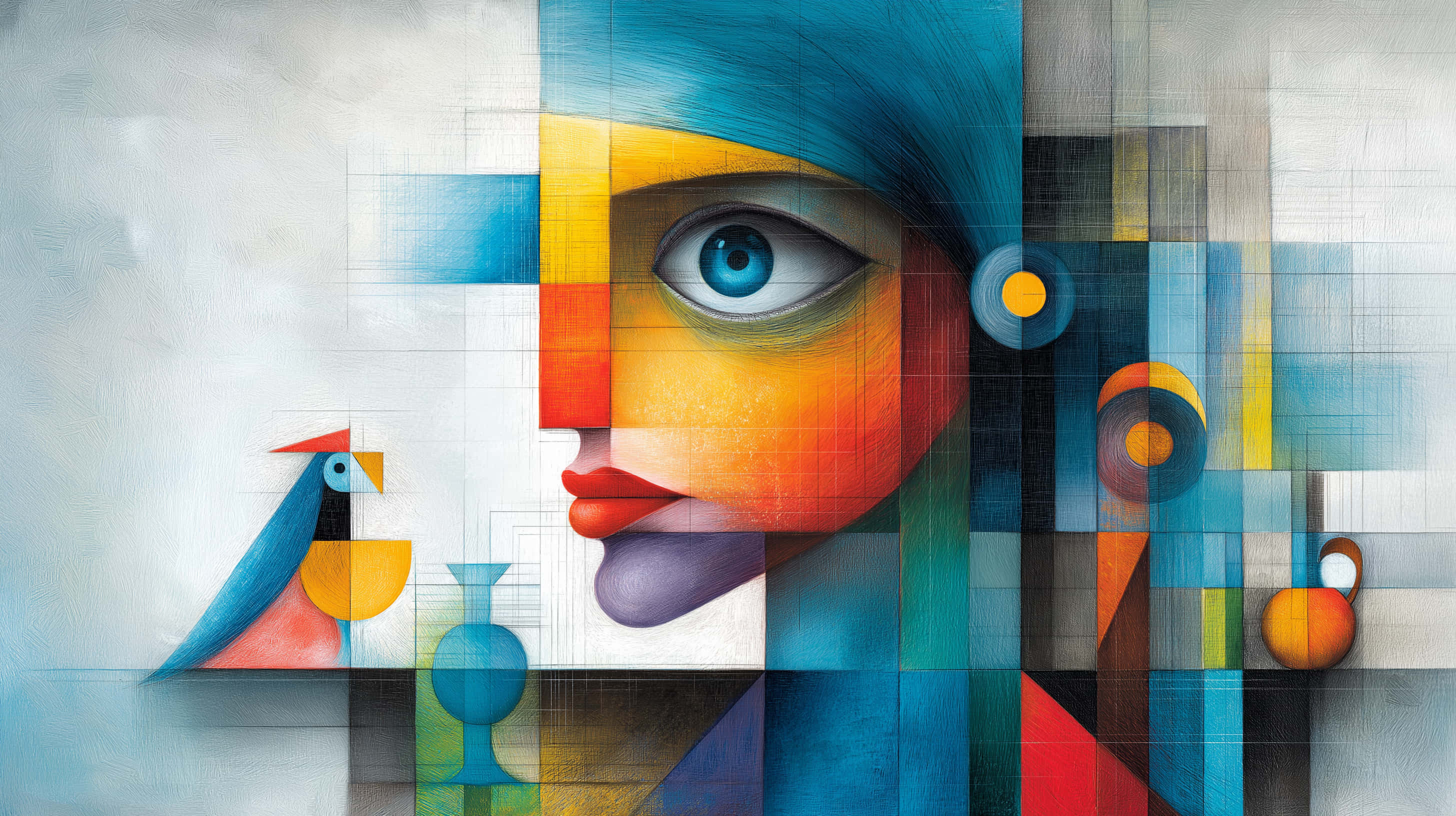 Cubist portrait, blue eye, red lips, 2K Desktop Wallpaper