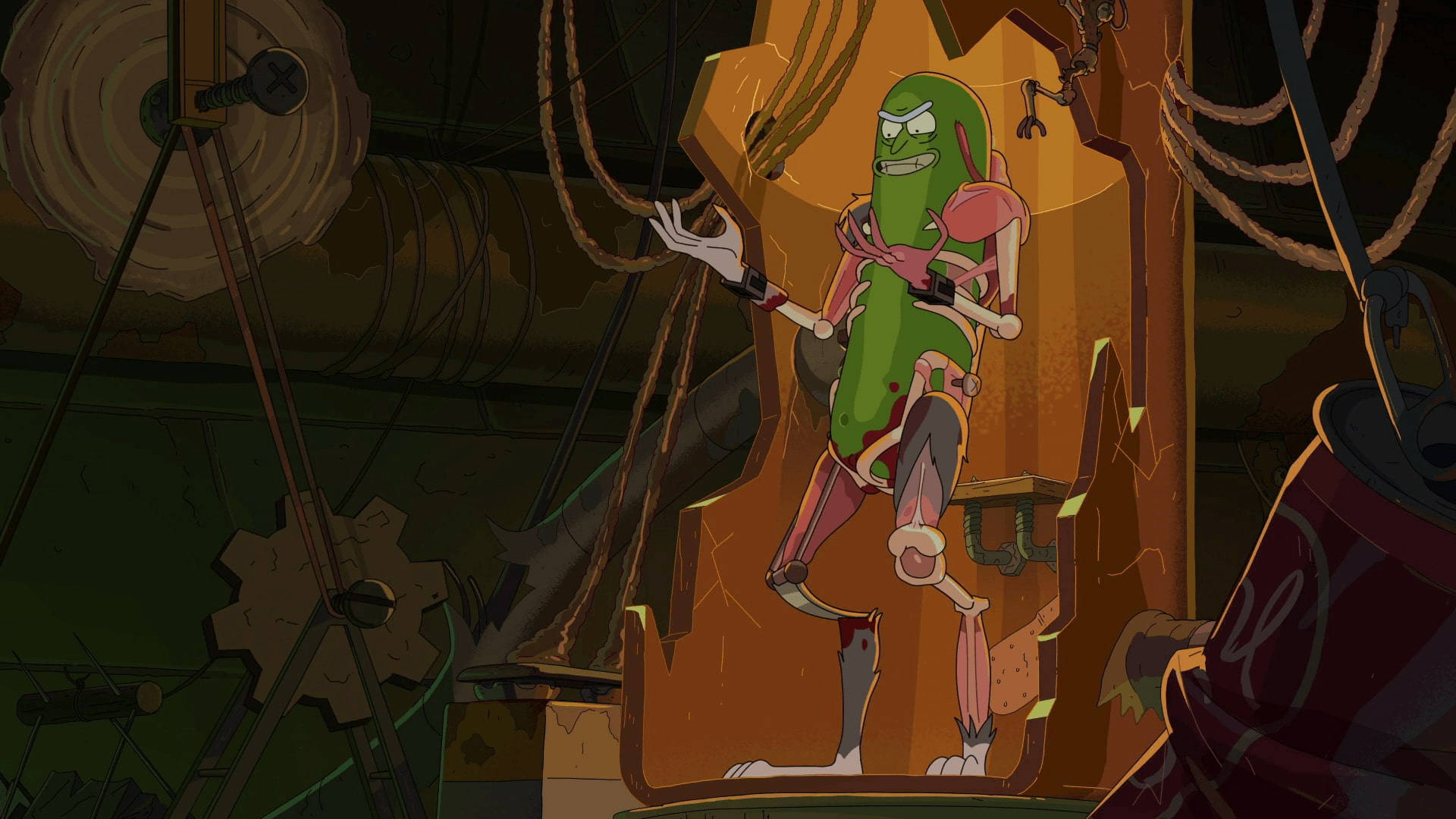 Pickle Rick, mechanical limbs, dimly lit, Full HD Desktop Wallpaper