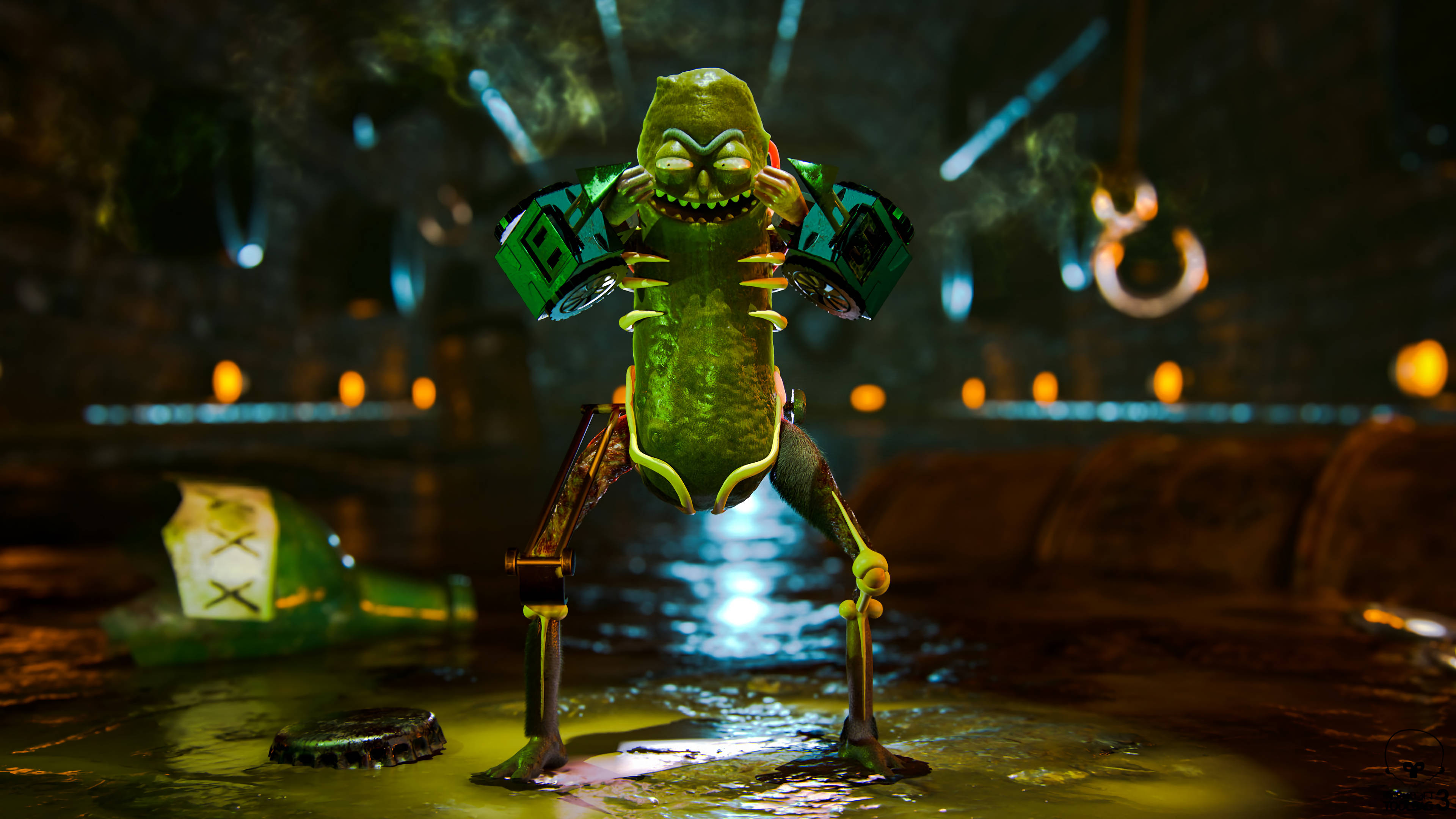 Pickle Rick, glowing green, mechanical legs, 4K Desktop Wallpaper