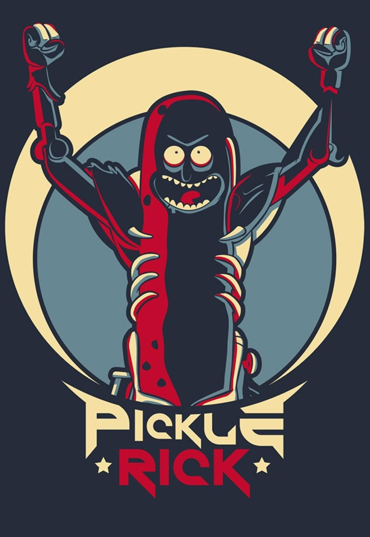 Pickle Rick, arms raised, circular moon backdrop, HD Phone Wallpaper
