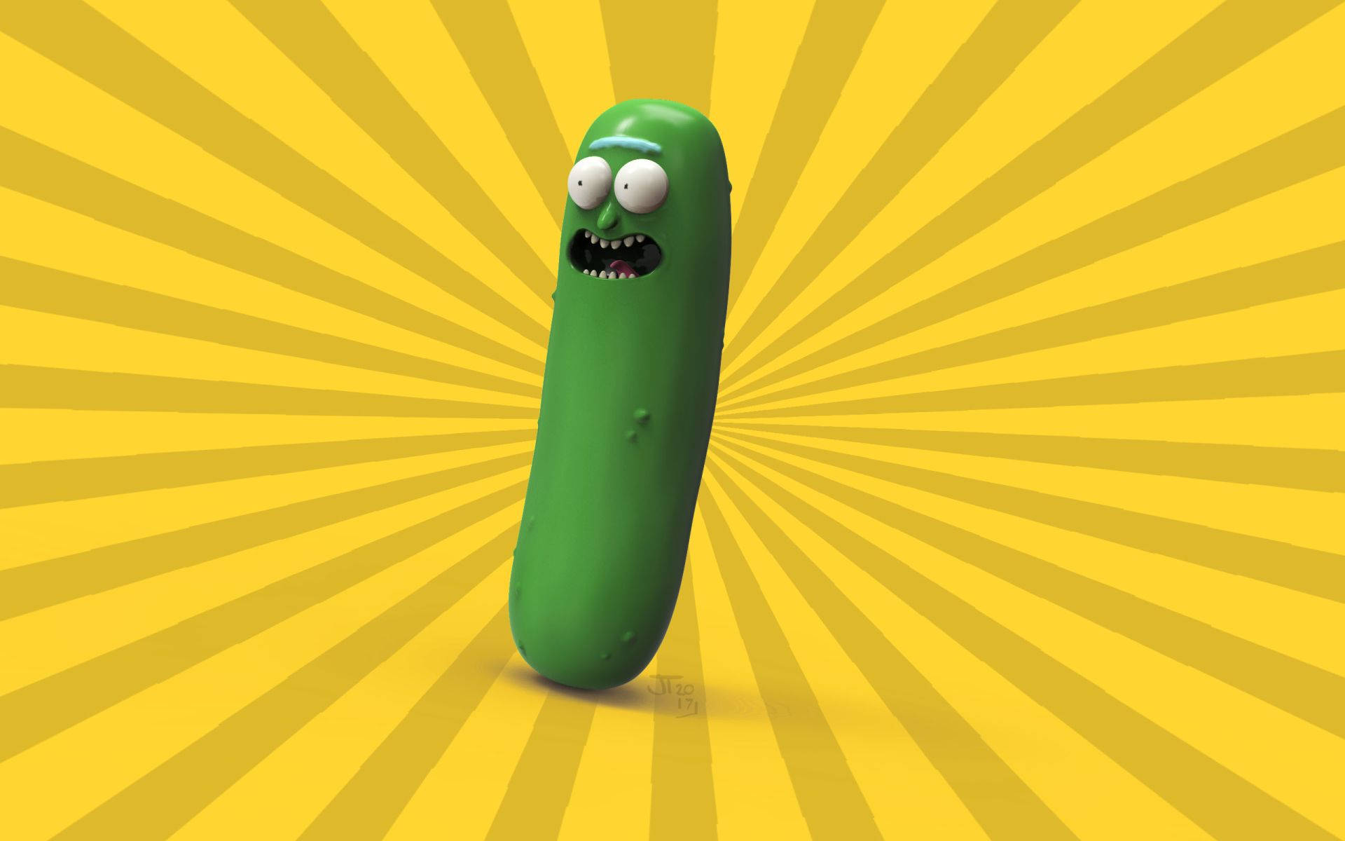 Pickle Rick, 3D, vibrant yellow sunburst background, Full HD Desktop Wallpaper