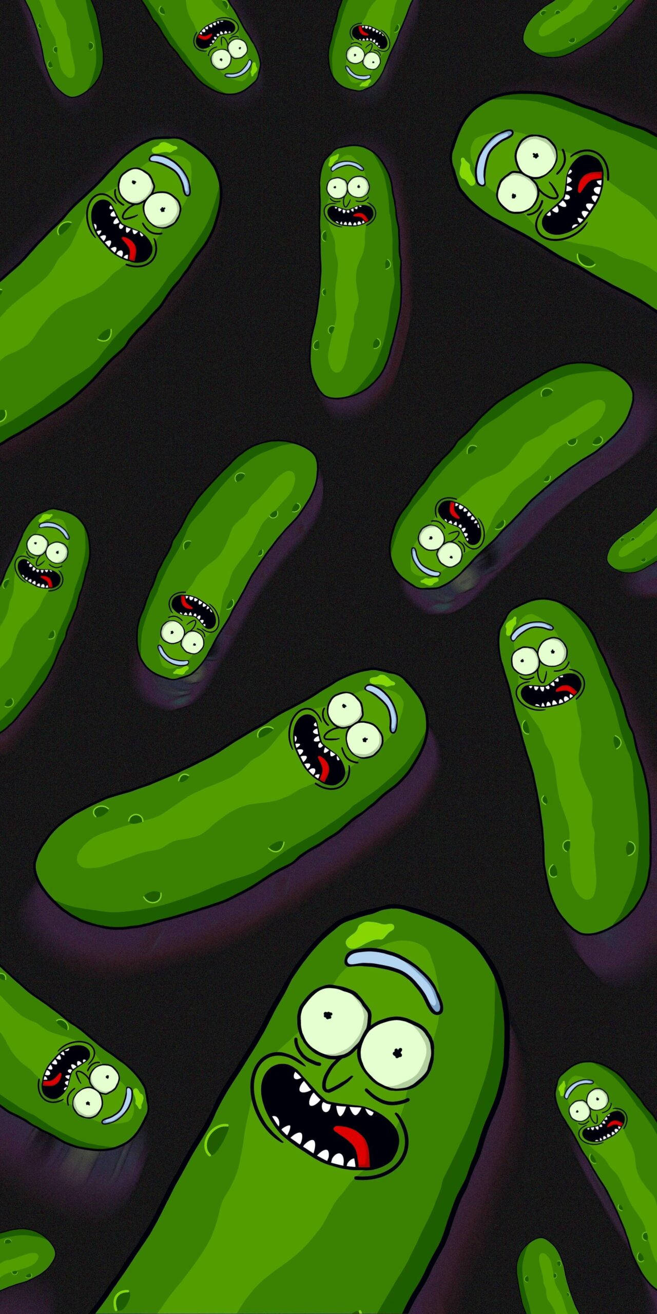 Pickle Rick, cartoon pickle characters, wide eyes, 2K Phone Wallpaper