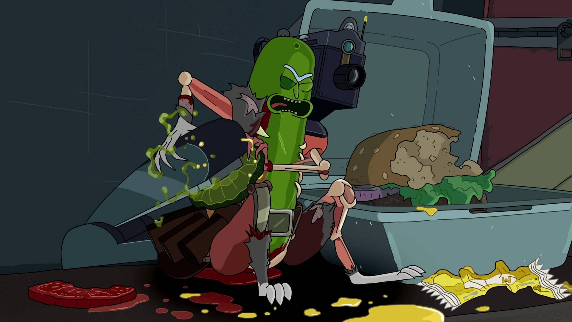 Pickle Rick, sandwich, burger, Full HD Desktop Wallpaper