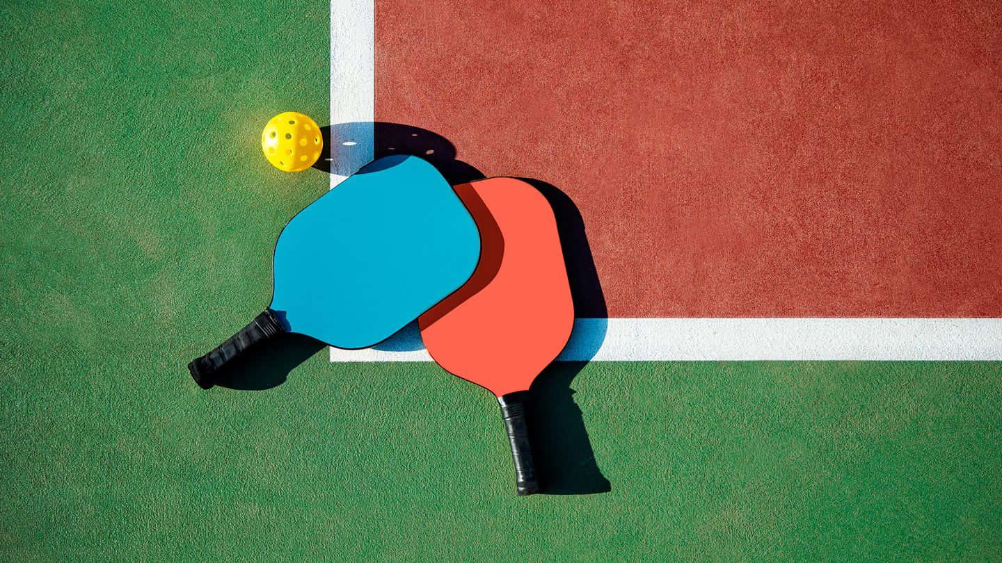 pickleball paddles, yellow ball, green and red court, HD Desktop Wallpaper
