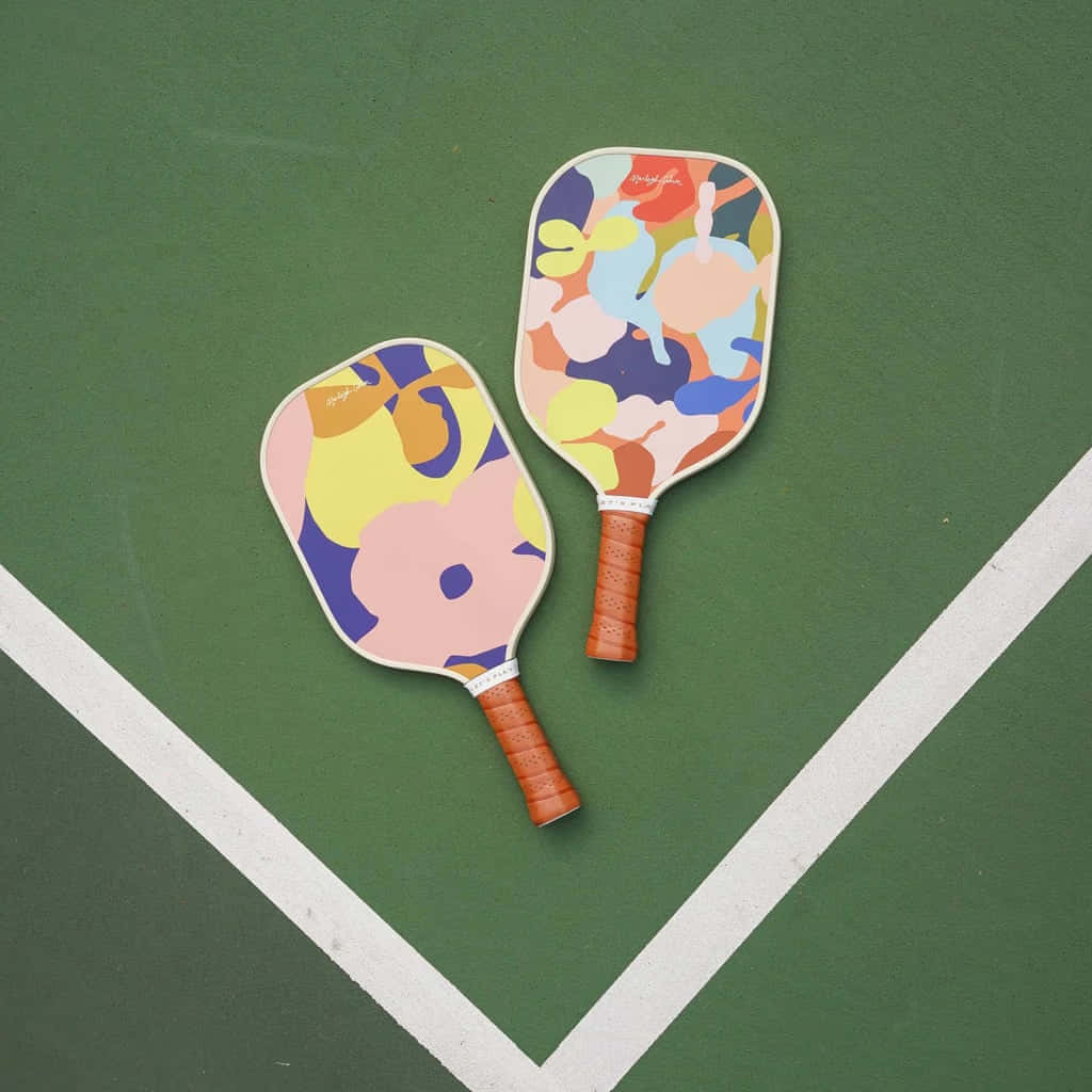 colorful pickleball paddles, green court, crisp white lines, SD Desktop Wallpaper