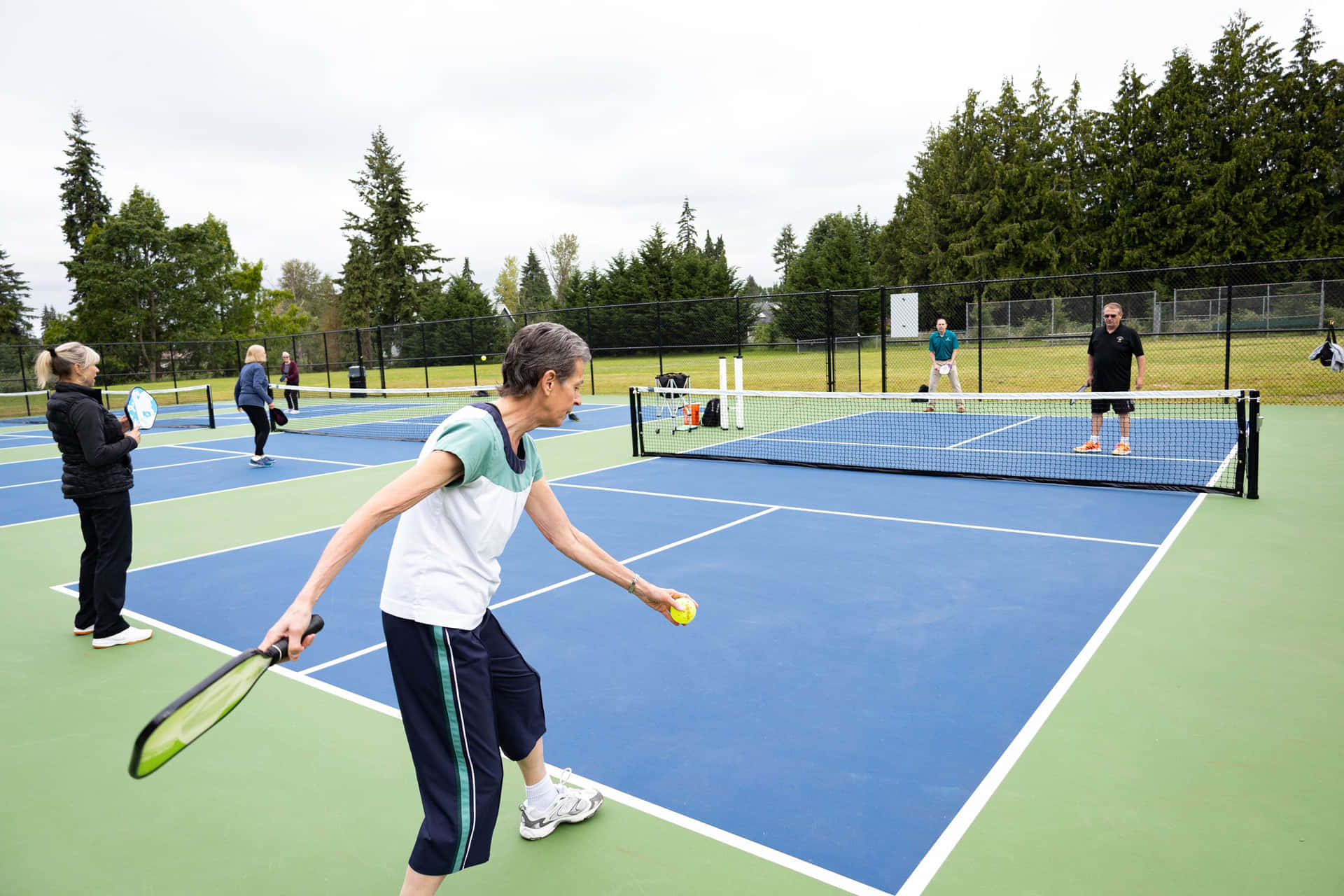 Pickleball, vibrant blue and green court, tall evergreen trees, Full HD Desktop Wallpaper