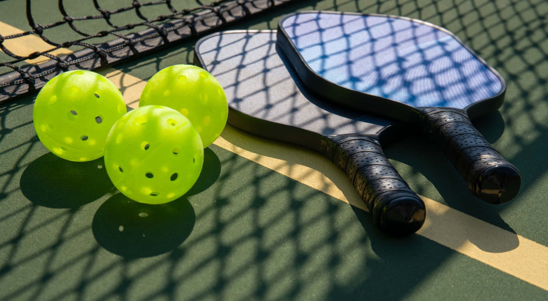 Pickleball, neon pickleballs, paddles, Full HD Desktop Wallpaper
