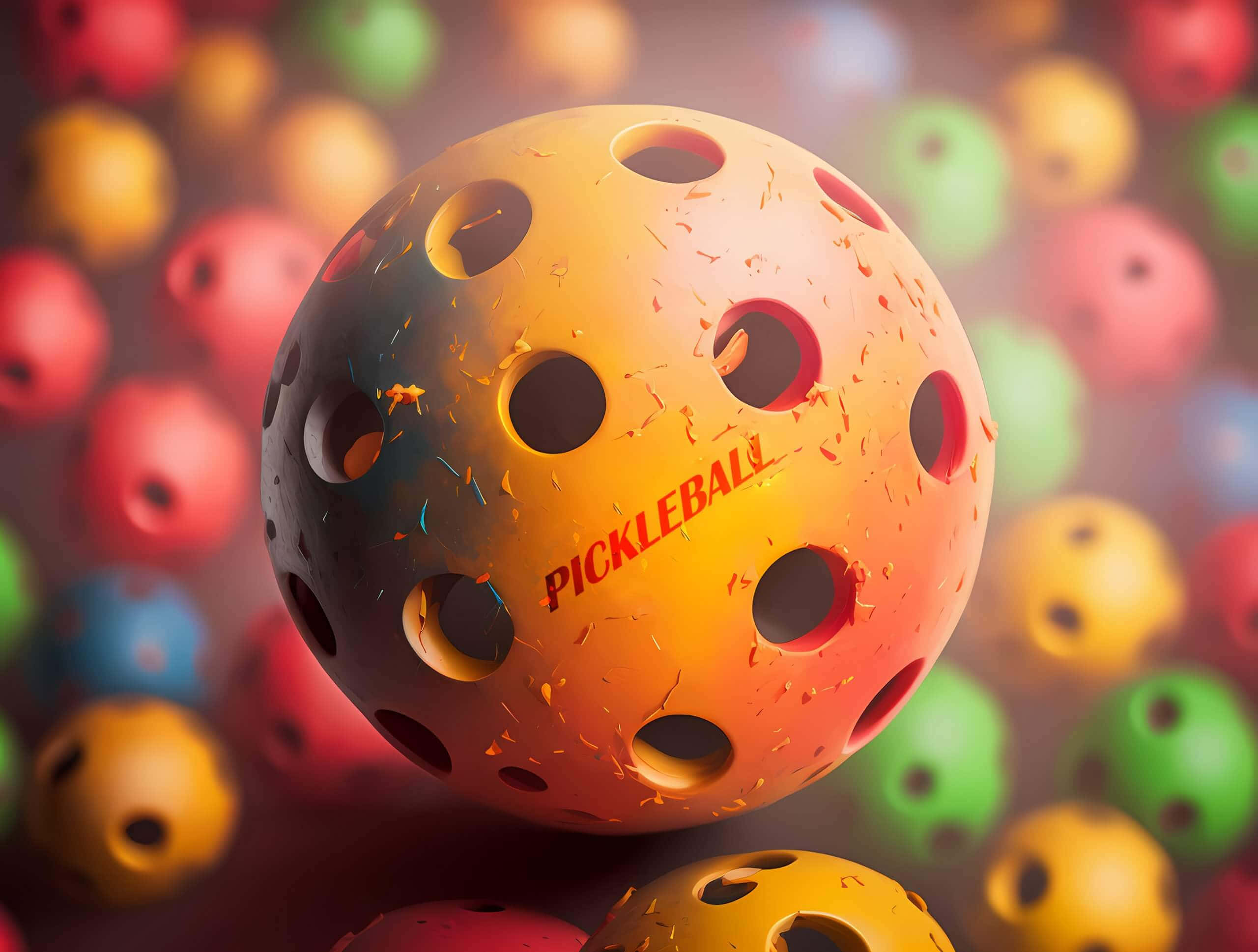 colorful pickleball balls, vibrant orange pickleball, red text, 2K Desktop Wallpaper