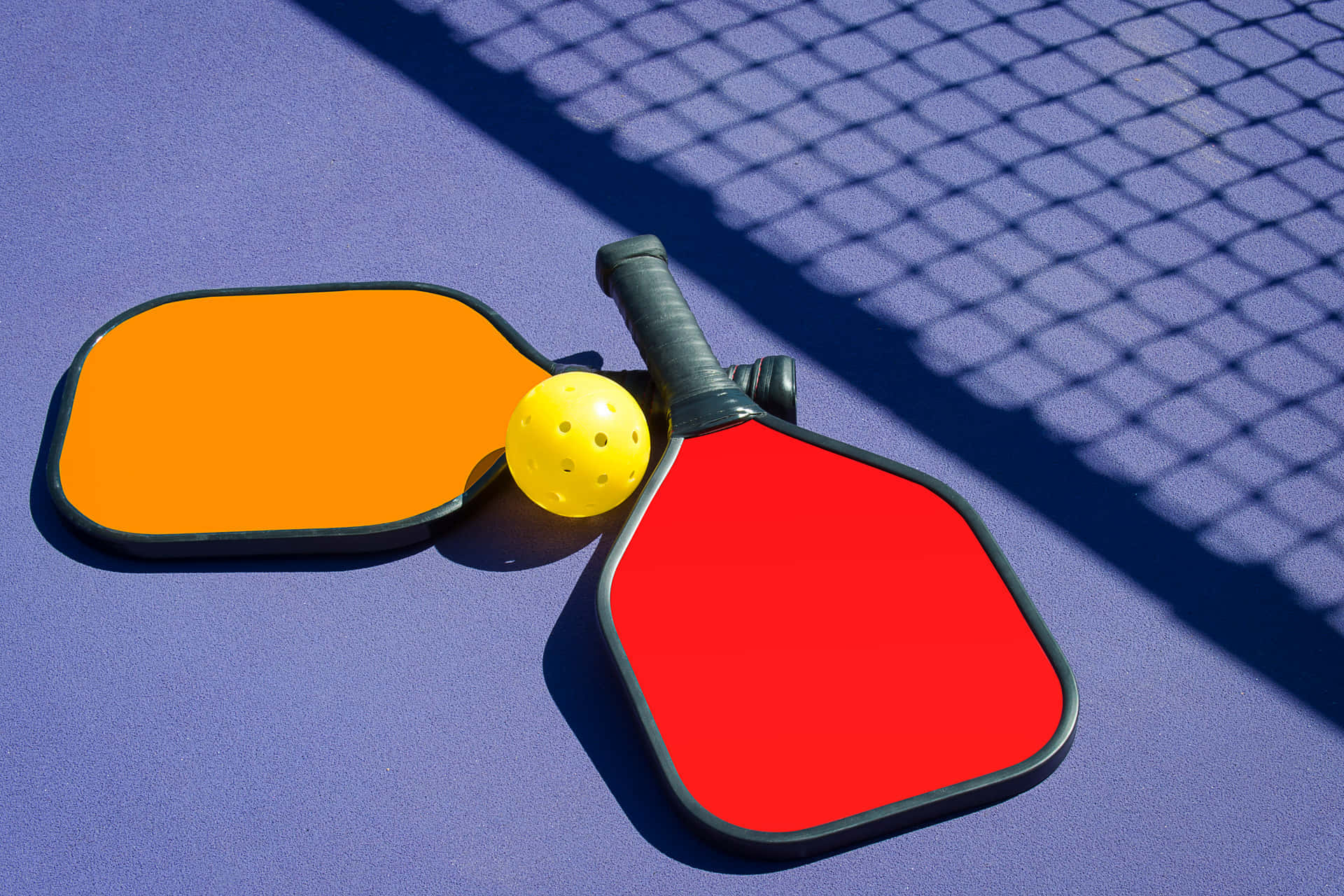 pickleball paddles, yellow ball, purple court, Full HD Desktop Wallpaper