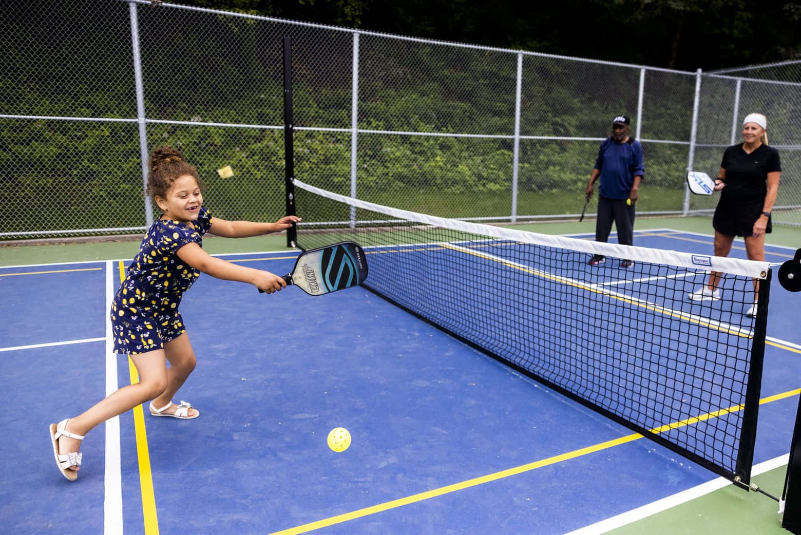 young girl, patterned dress, yellow pickleball, HD Desktop Wallpaper