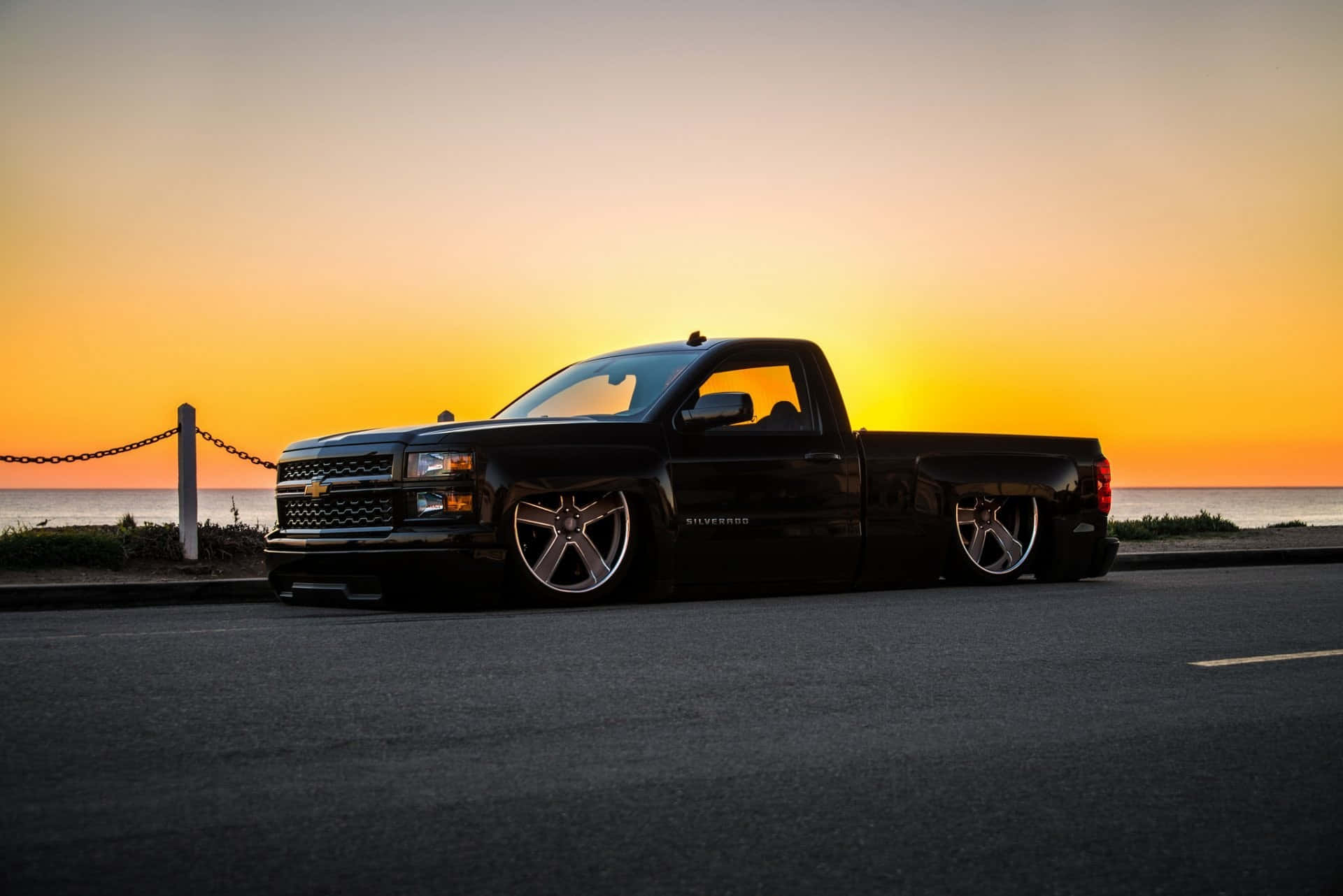 2014 Chevrolet Silverado 1500, sleek black lowered, coastal road, Full HD Desktop Wallpaper