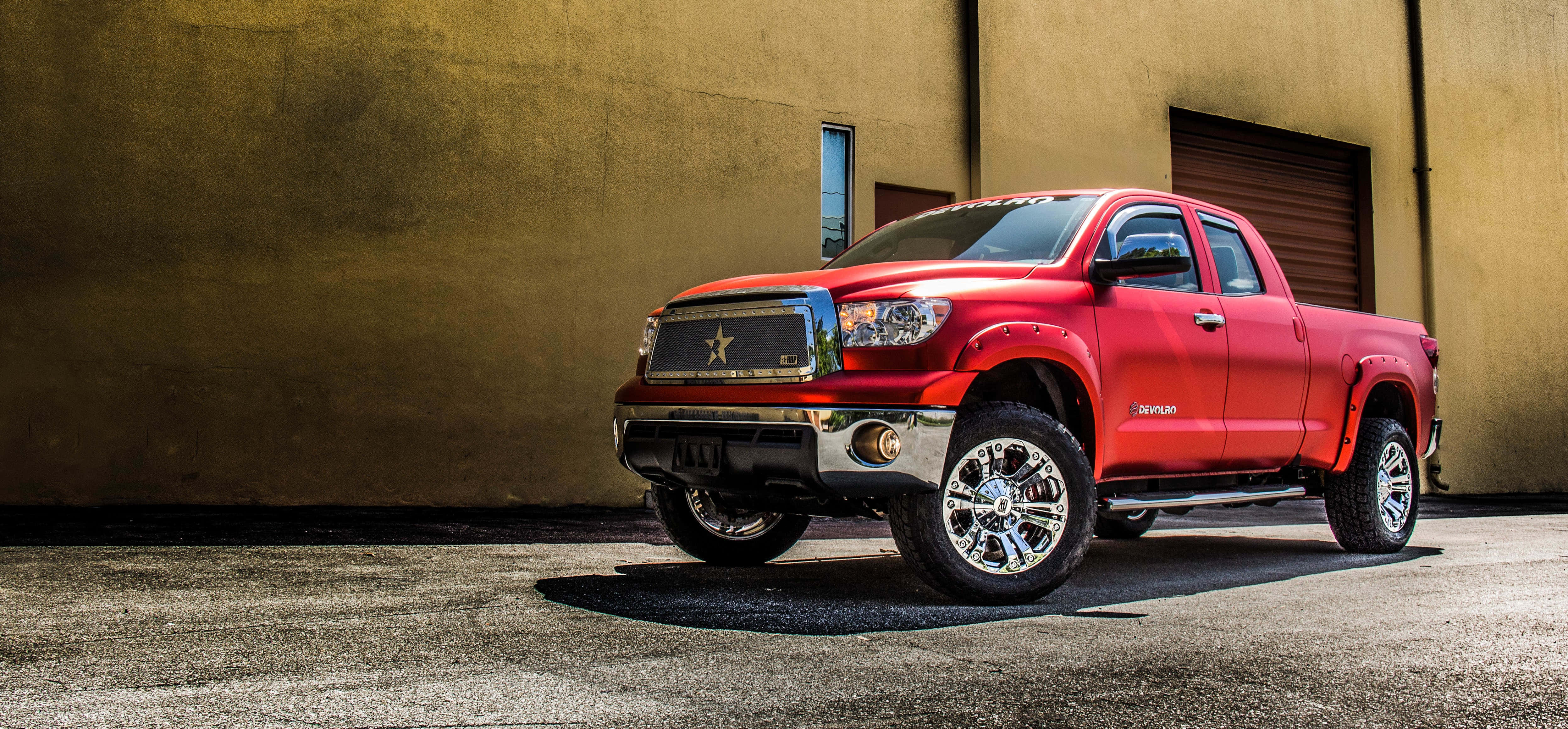 red, lifted pickup truck, chrome wheels, 4K Desktop Wallpaper