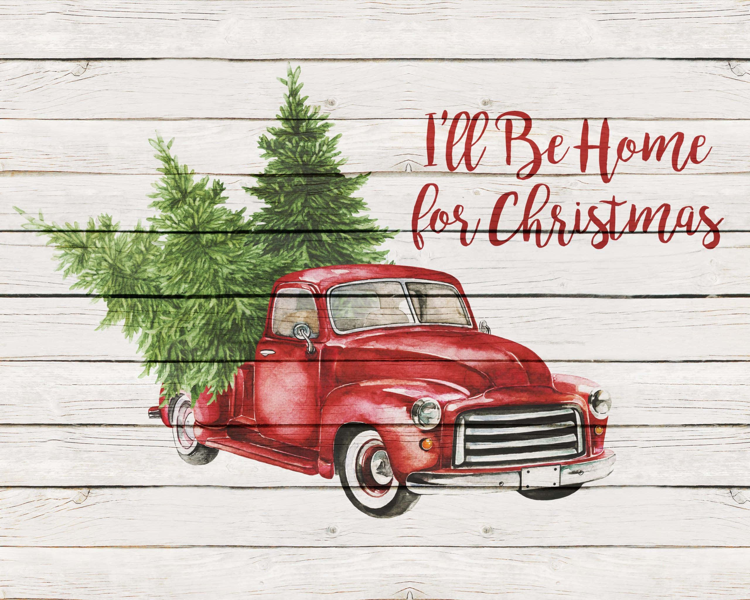 vintage red truck, green Christmas tree, weathered white wooden plank background, 2K Desktop Wallpaper