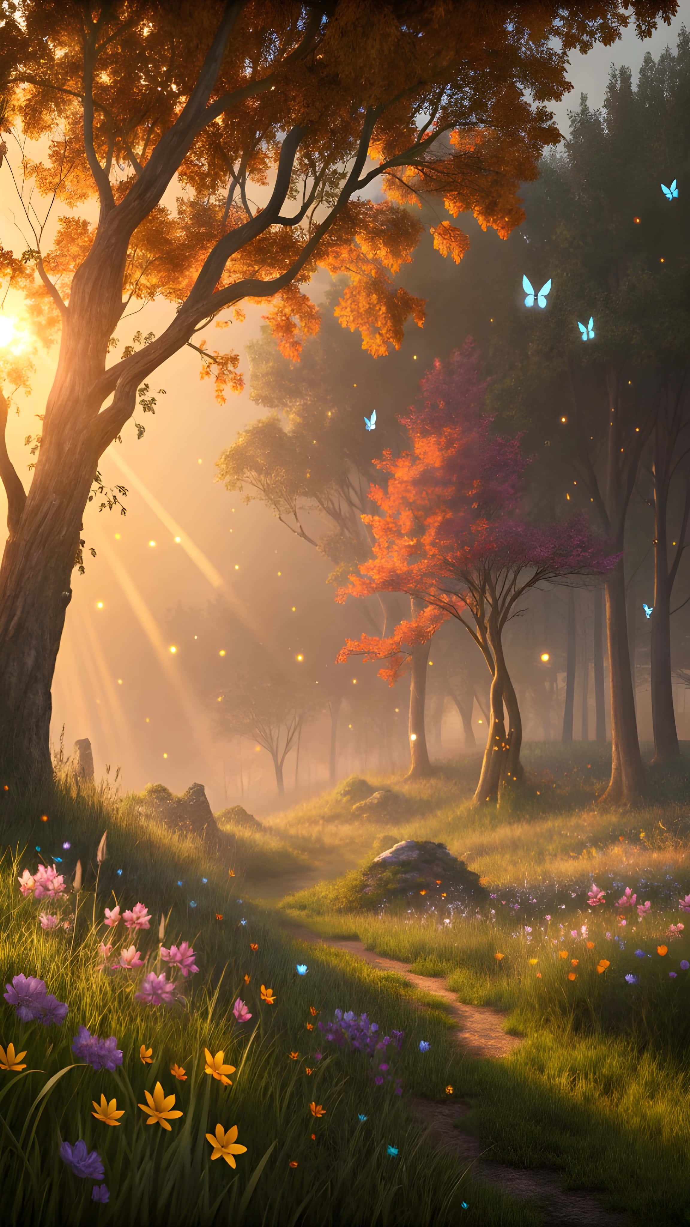 sunset, autumn trees, golden rays, 4K Phone Wallpaper