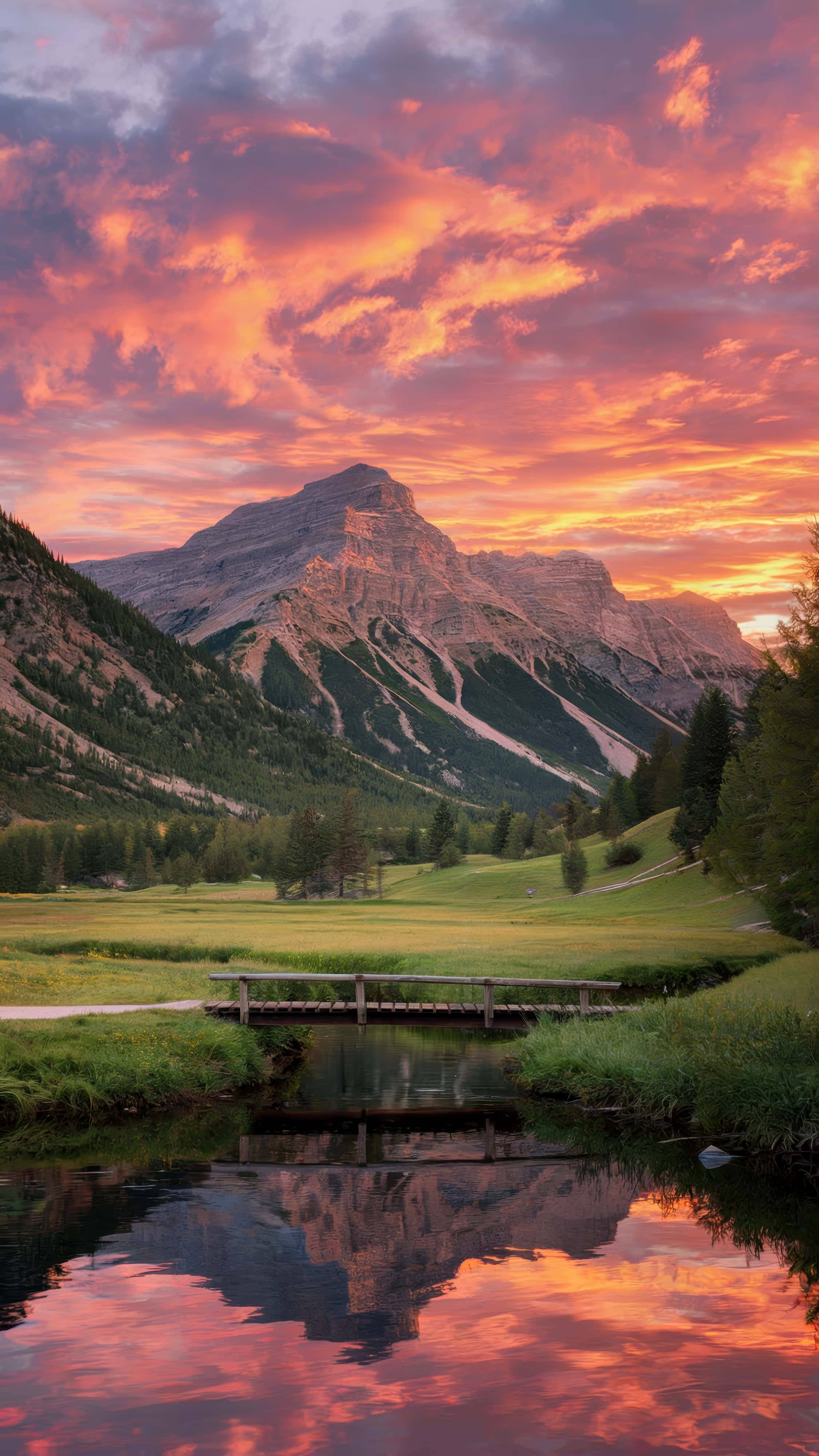 wooden bridge, calm stream, towering mountain, 4K Phone Wallpaper