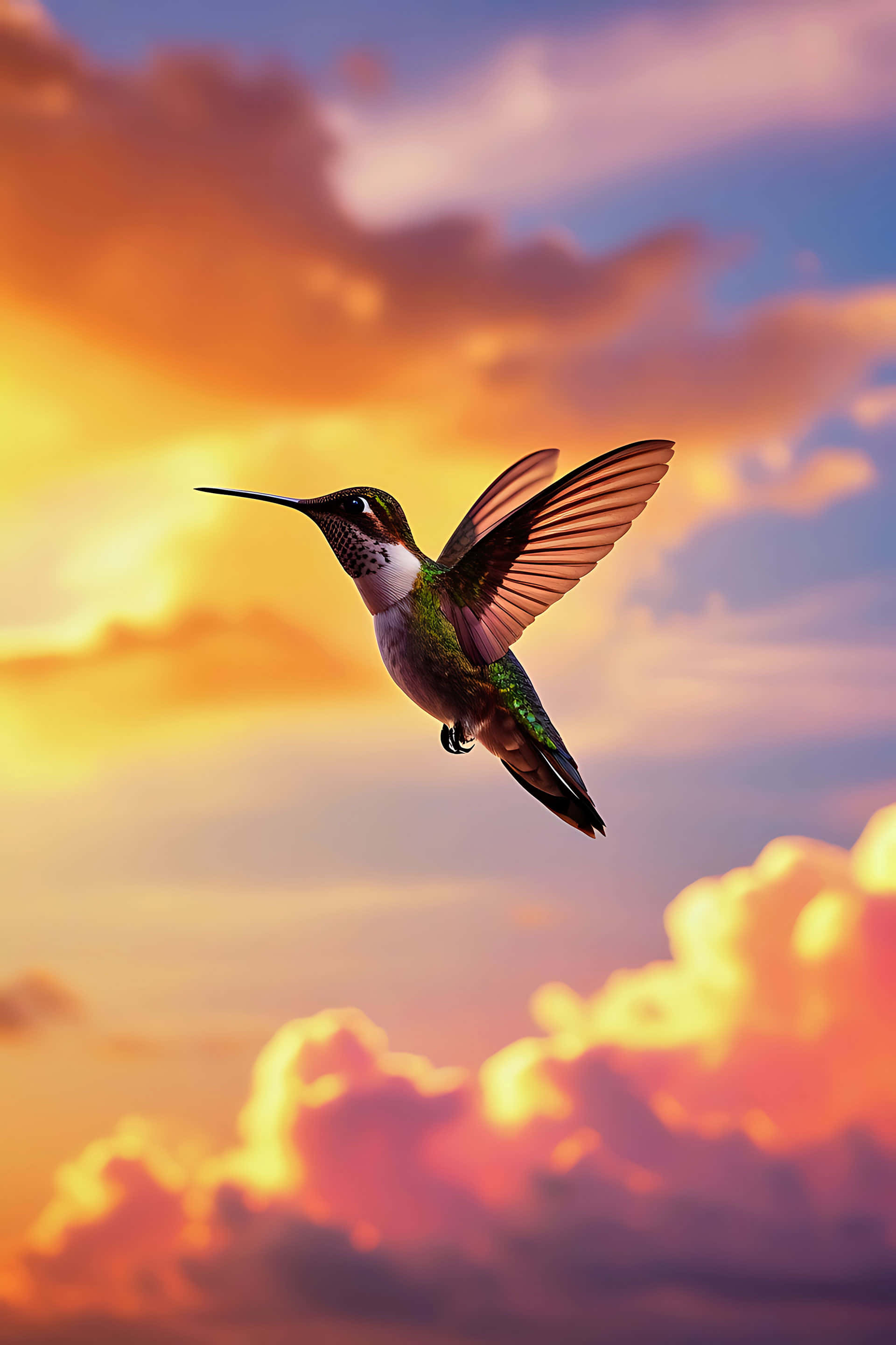 hummingbird, sunset, orange, 2K Phone Wallpaper