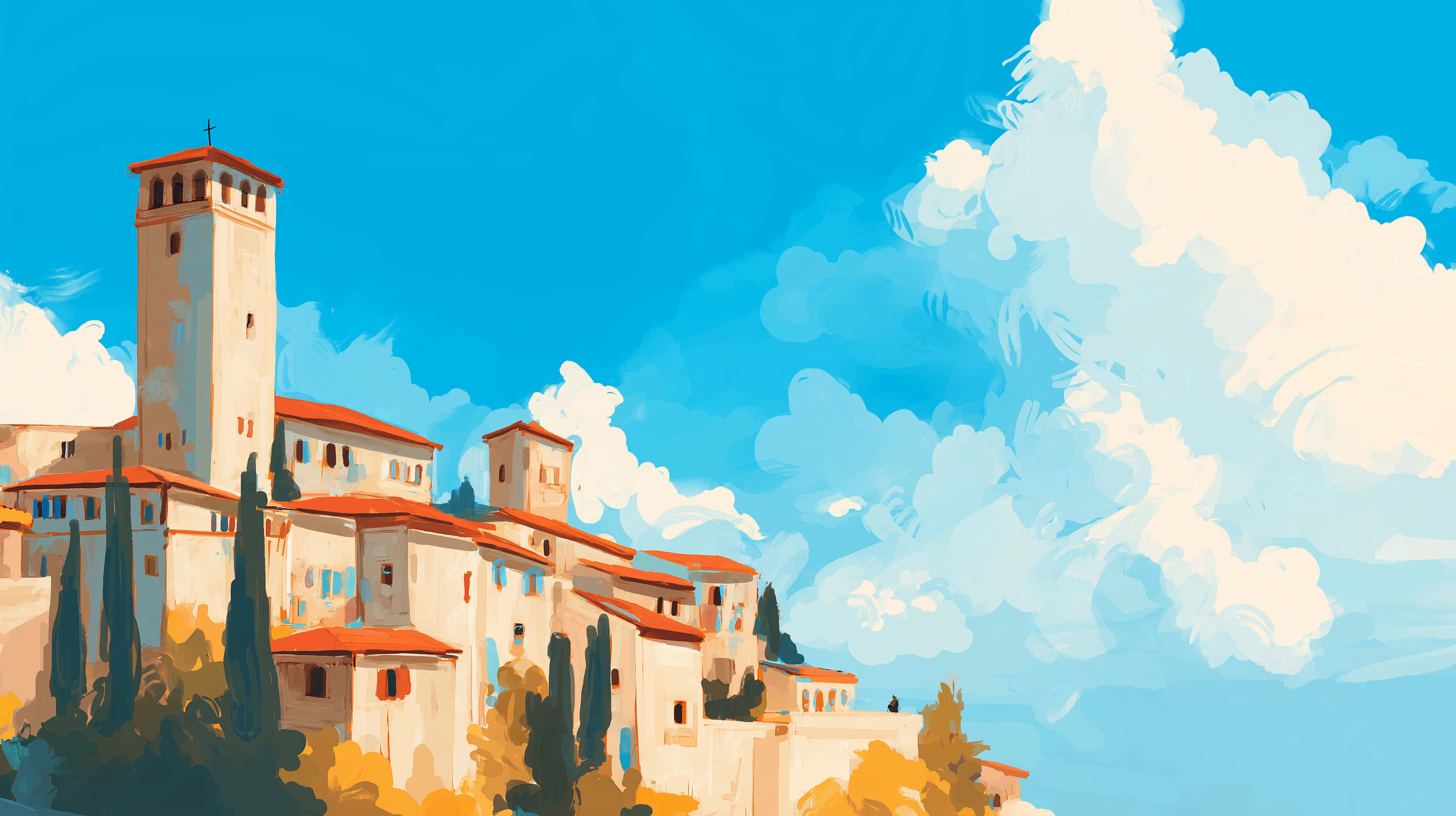 Tuscan hill town, tower, dramatic sky, 2K Desktop Wallpaper