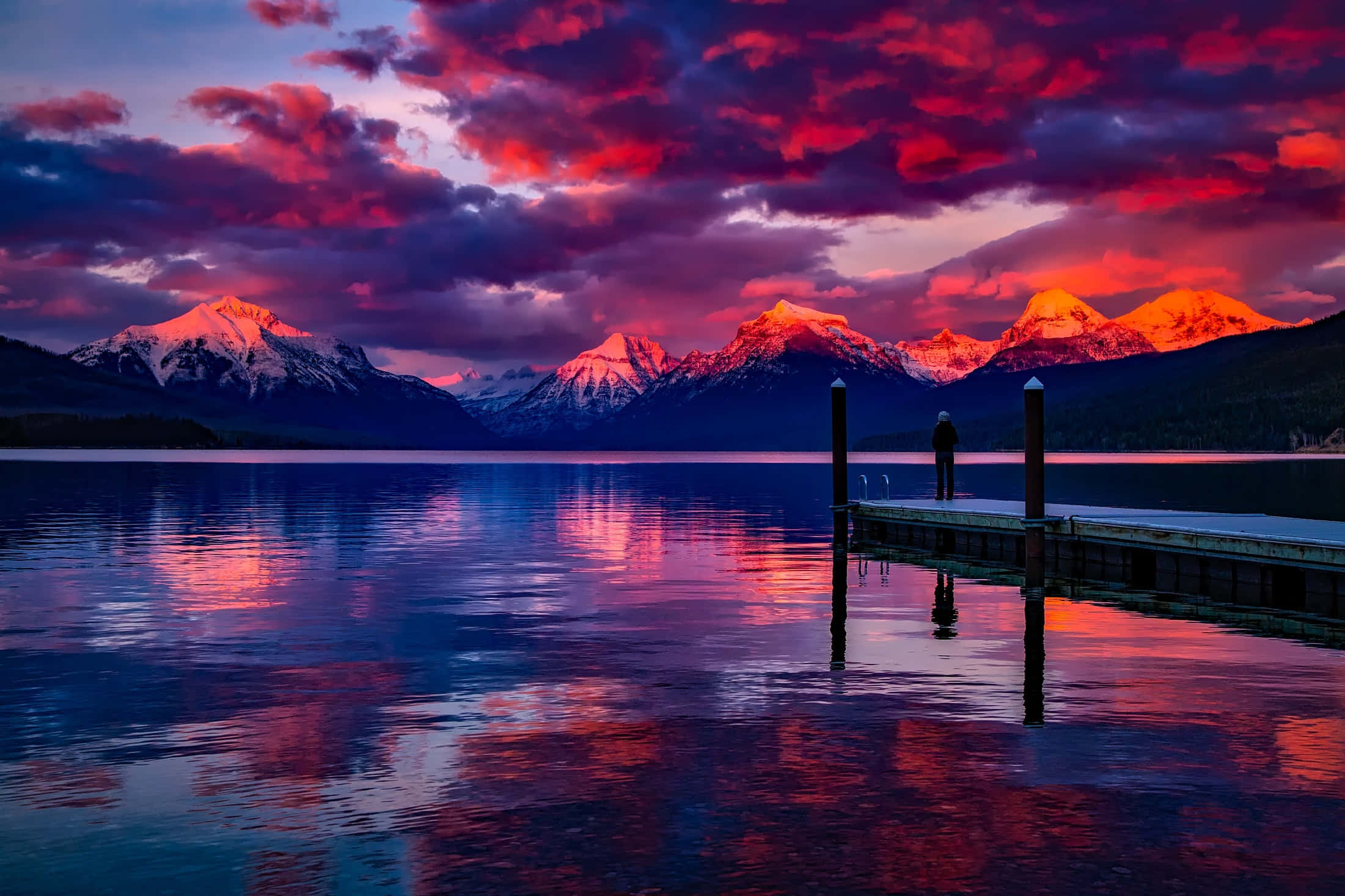 twilight, fiery red and purple clouds, calm lake, Full HD Desktop Wallpaper