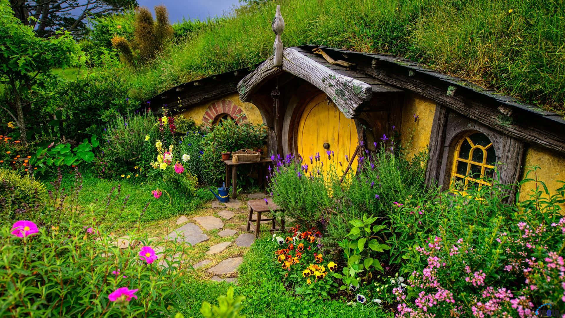hobbit house, yellow door, green roof, Full HD Desktop Wallpaper