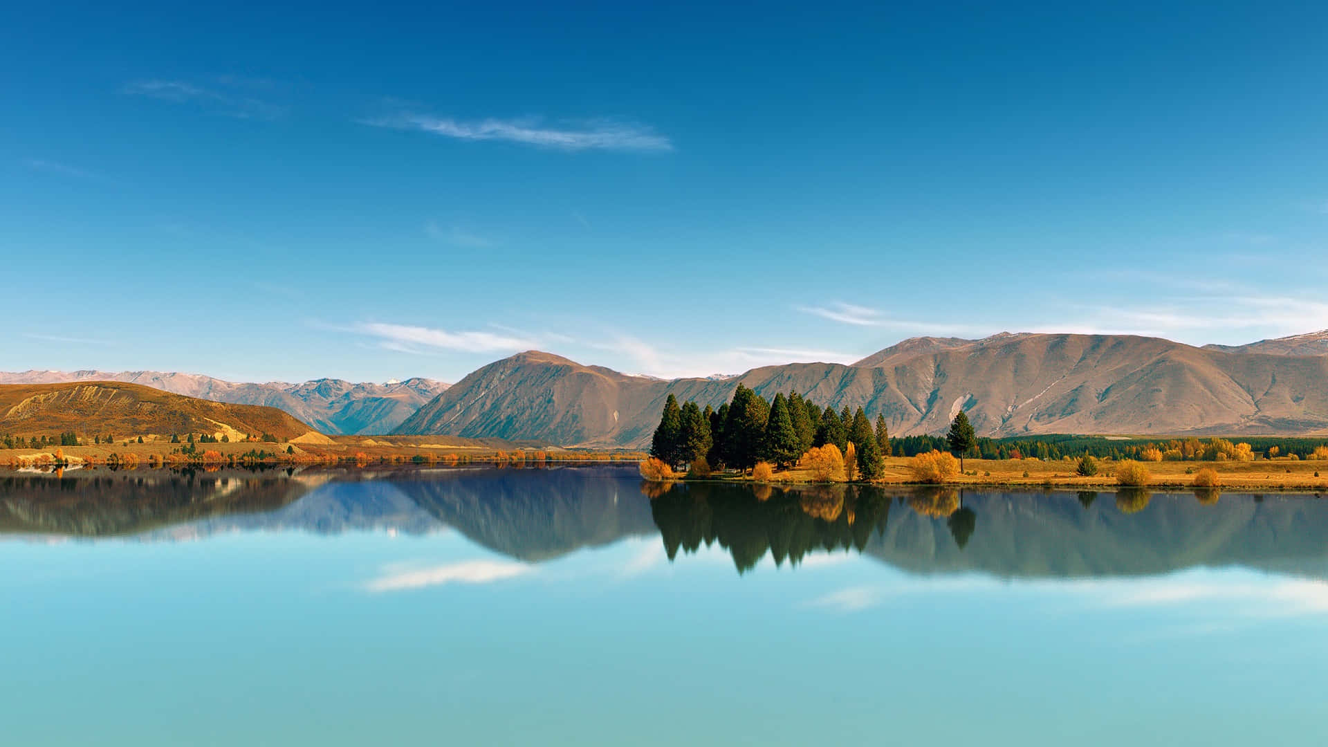serene lake, distant mountains, autumn trees, Full HD Desktop Wallpaper