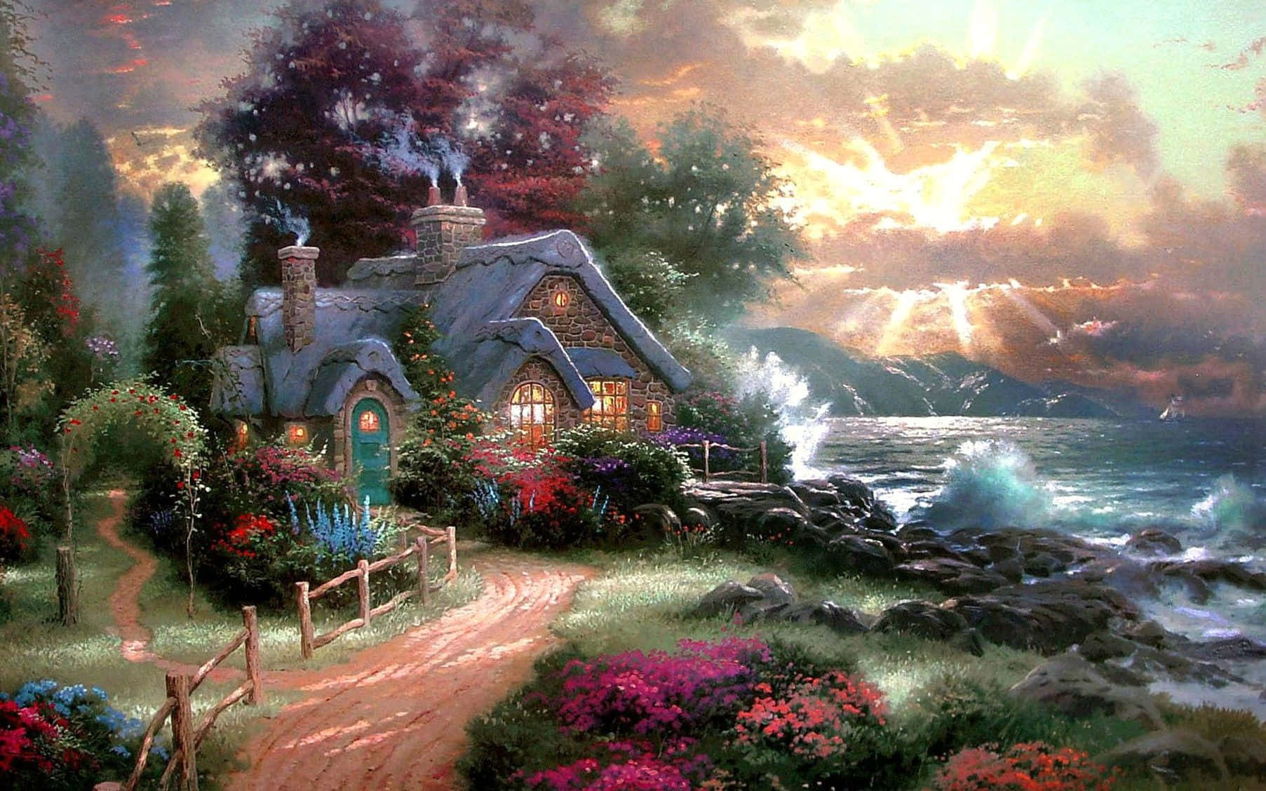 stone cottage, cliffside garden path, stormy ocean, HD Desktop Wallpaper