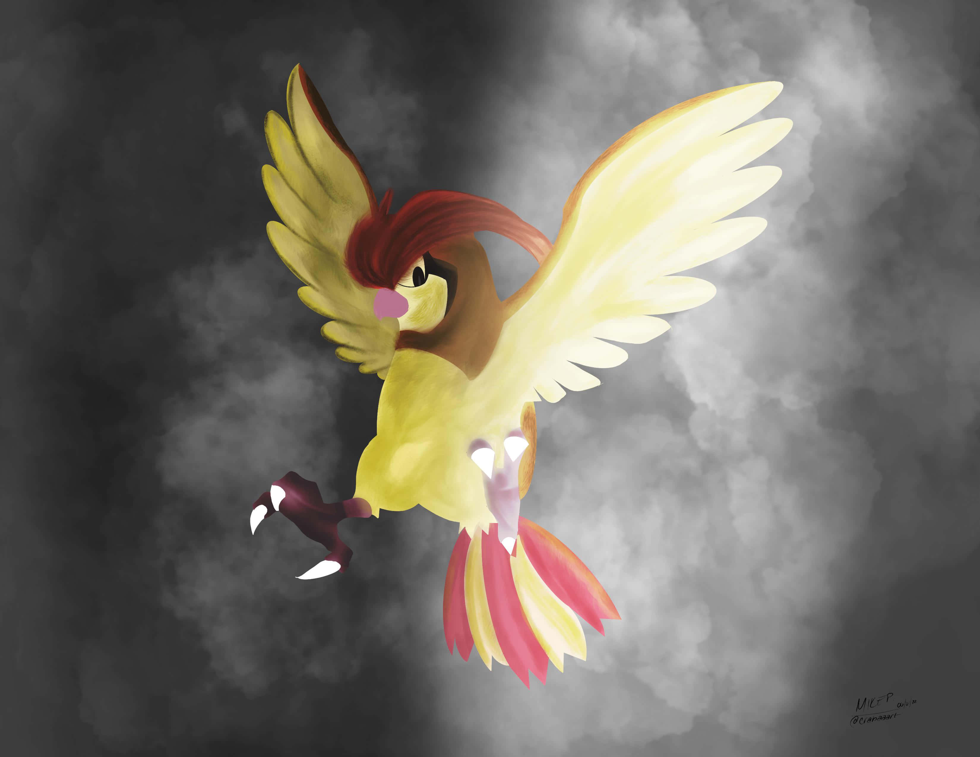 Pidgeotto, vibrant yellow, red crest, 2K Desktop Wallpaper
