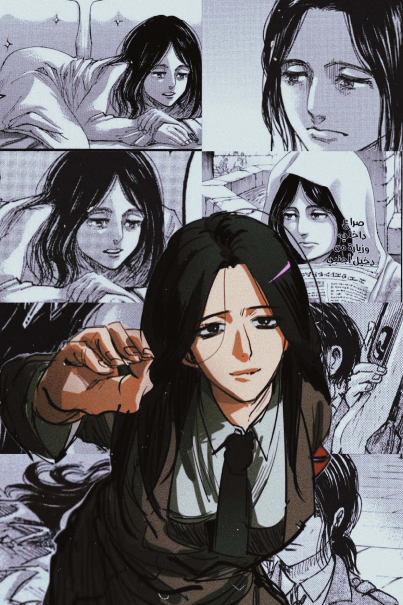Pieck, manga panel collage, long dark hair, Full HD Phone Wallpaper