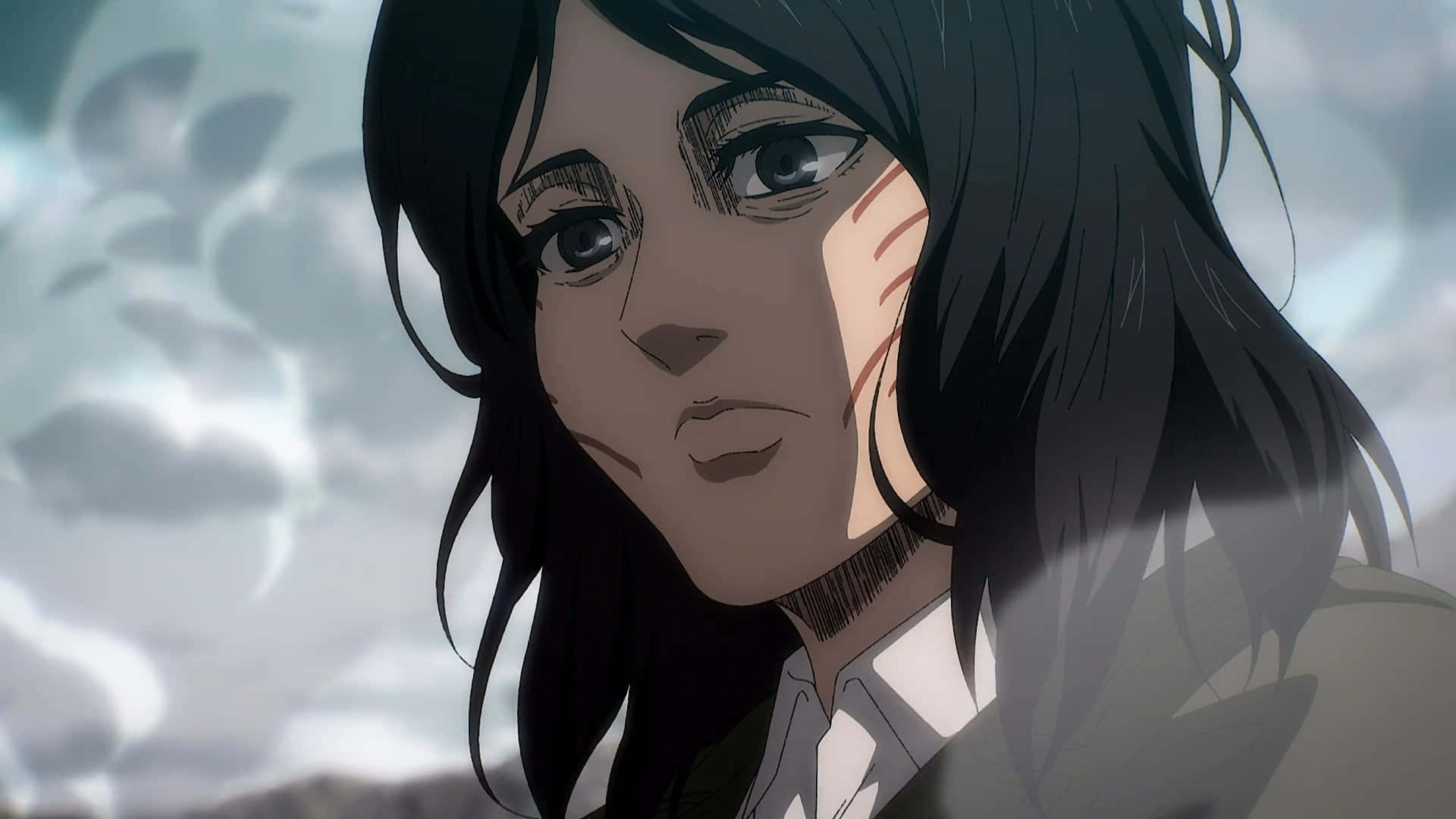 Pieck, dark hair, scar on her cheek, Full HD Desktop Wallpaper