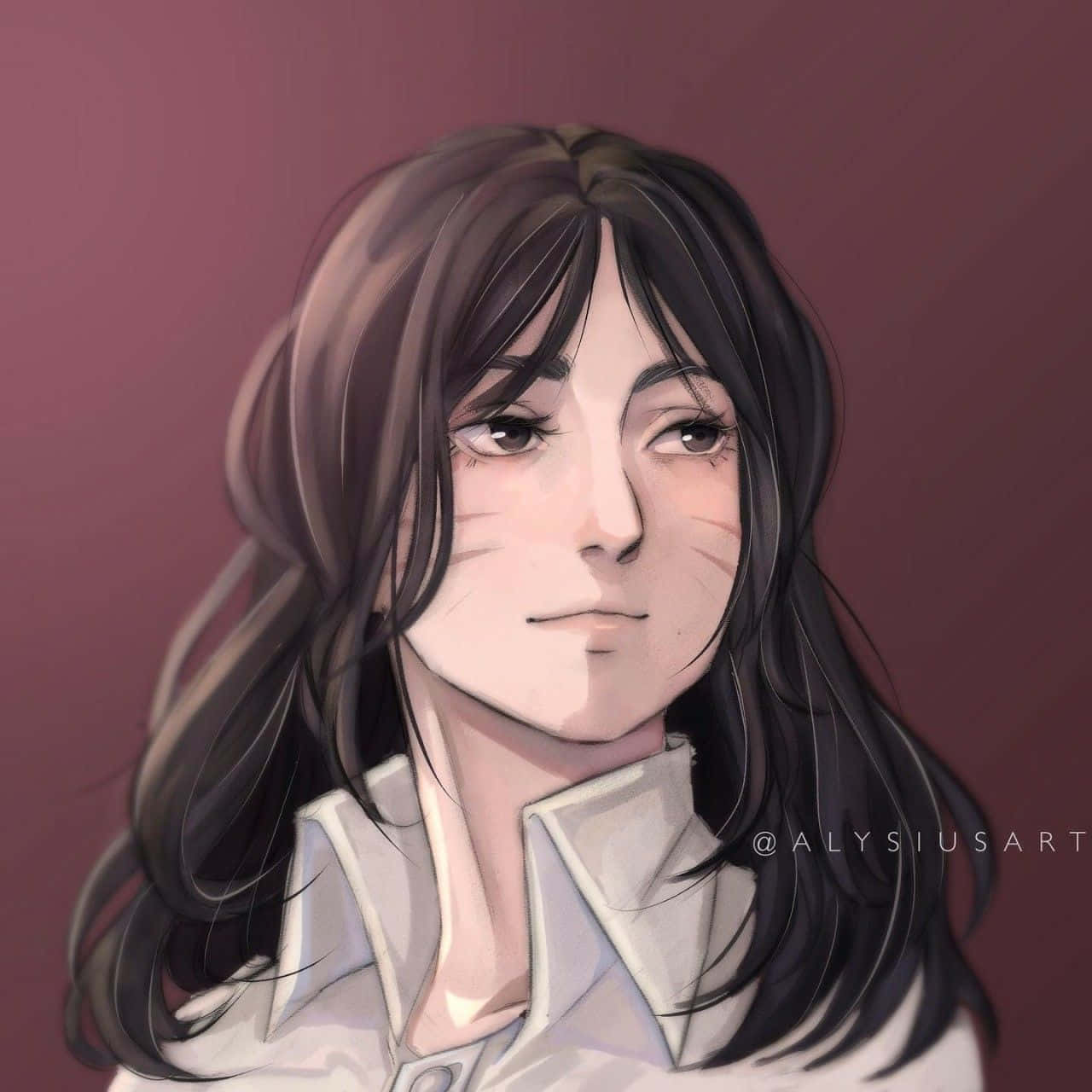 anime girl, long dark hair, cat-like whisker marks, HD Desktop Wallpaper