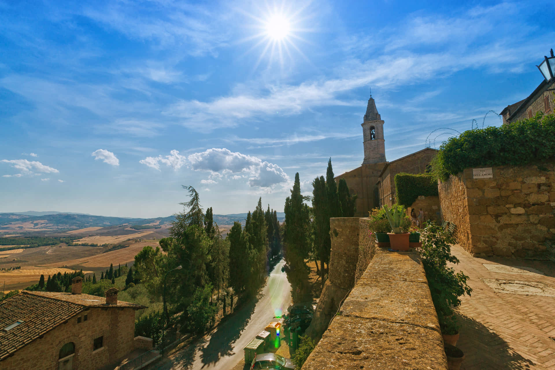 Pienza, sunny blue sky, cobblestone path, Full HD Desktop Wallpaper