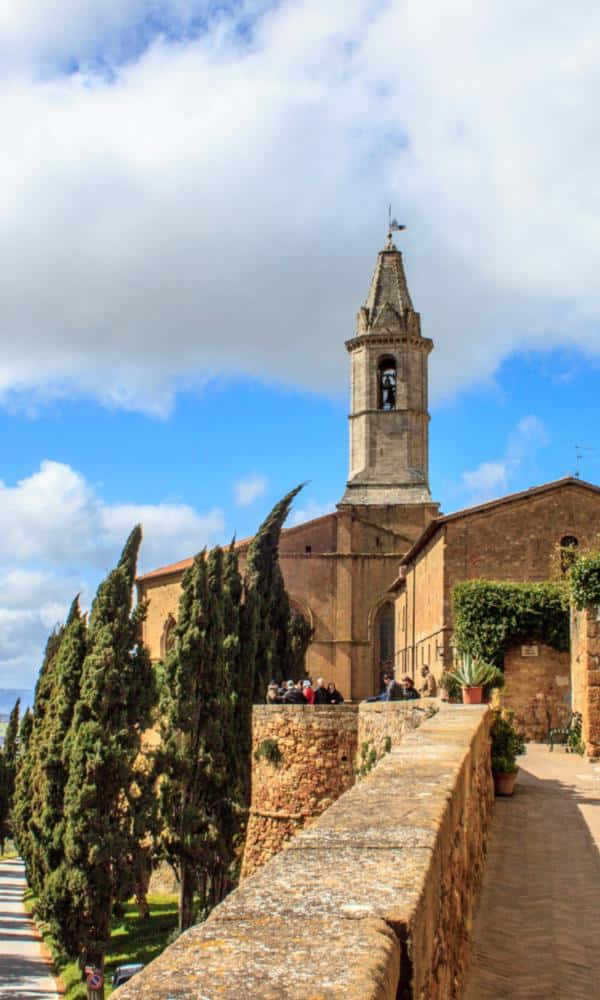 Pienza, historical bell tower, stone church tower, SD Phone Wallpaper