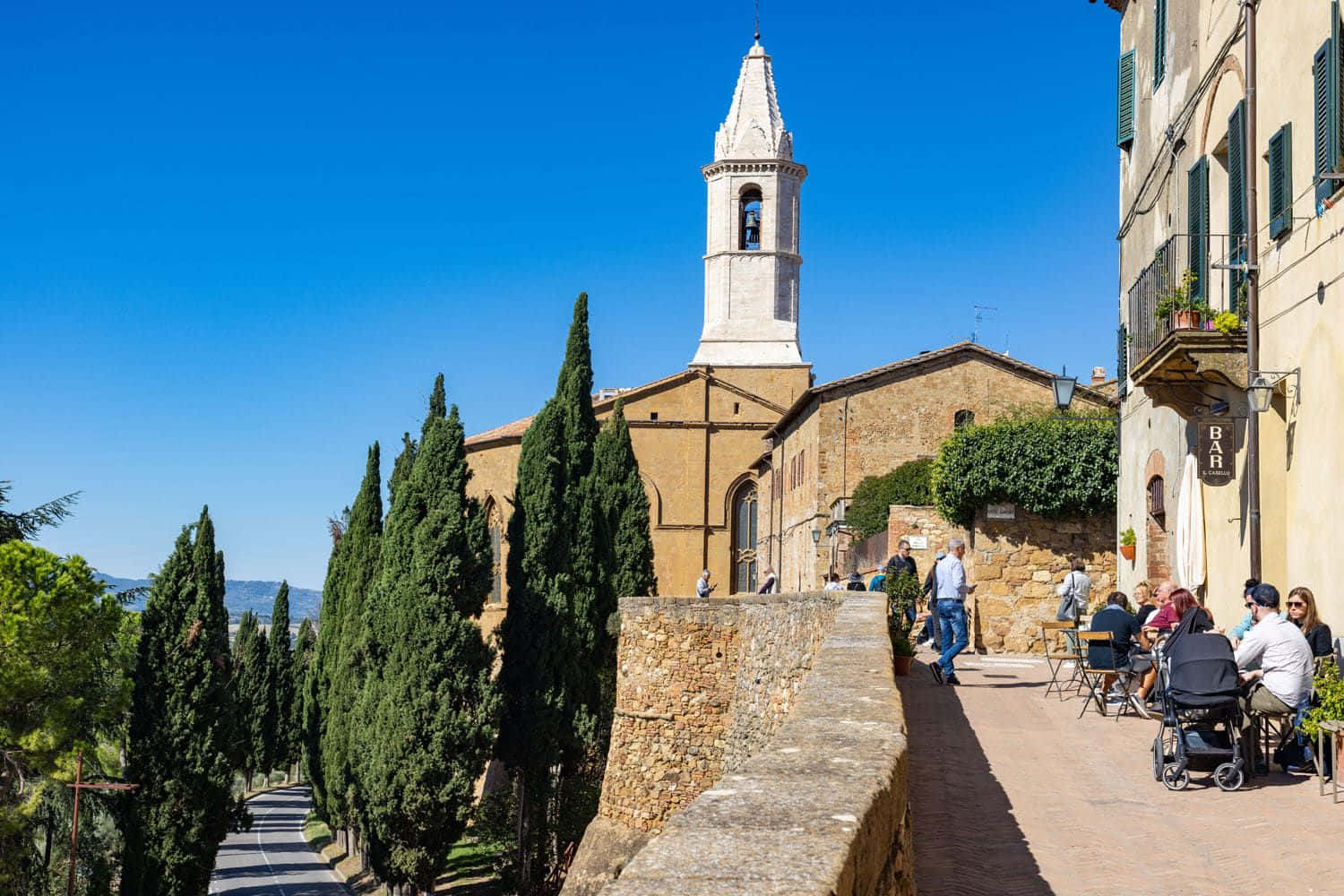Pienza, city walls, historical bell tower, HD Desktop Wallpaper
