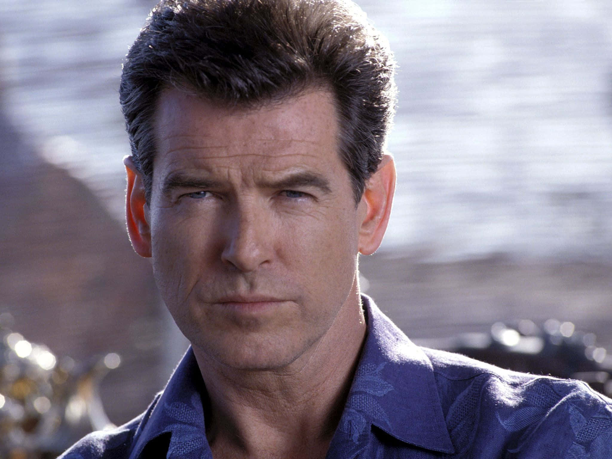 Pierce Brosnan, blue patterned shirt, intense blue eyes, Full HD Desktop Wallpaper