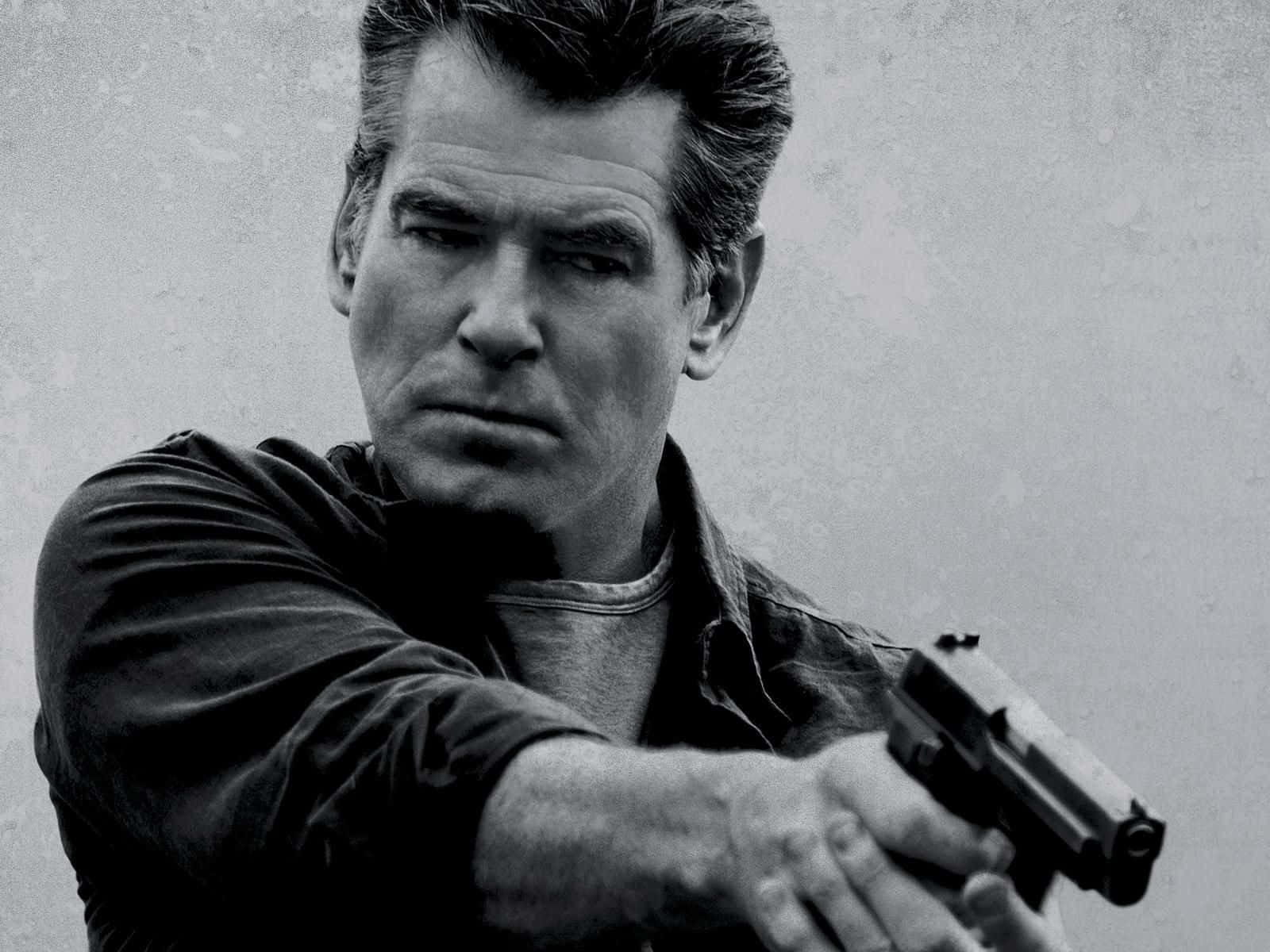 Pierce Brosnan, black and white portrait, intense eyes, HD Desktop Wallpaper