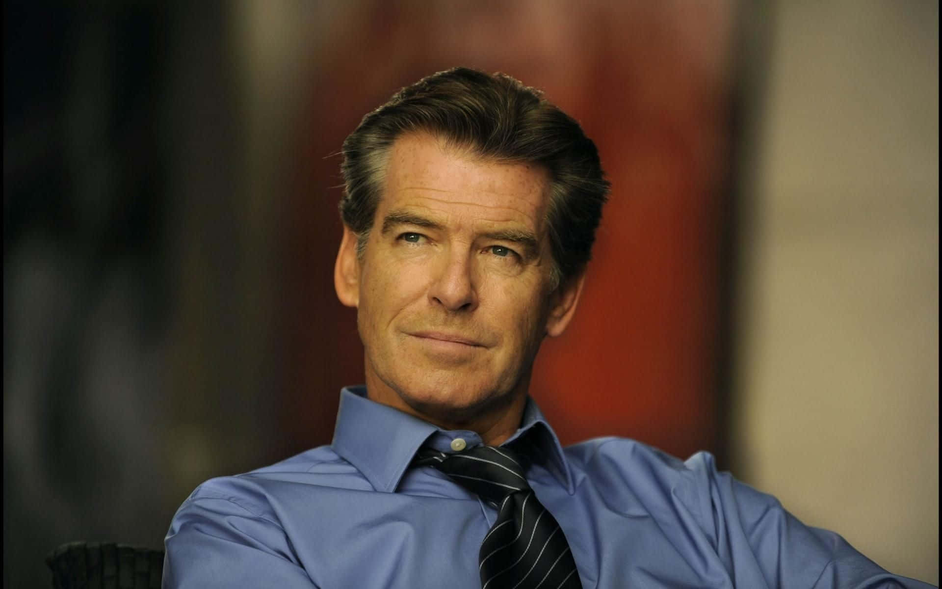 Pierce Brosnan, blue shirt, striped tie, Full HD Desktop Wallpaper