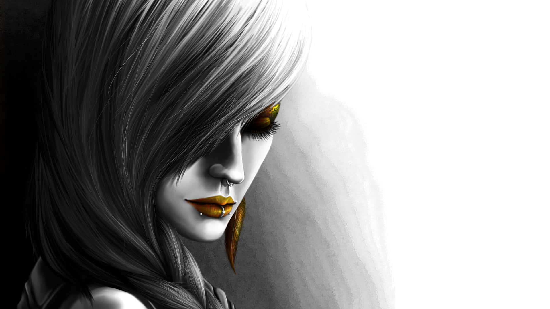 Gothic Sketch, monochrome digital portrait, long hair, Full HD Desktop Wallpaper