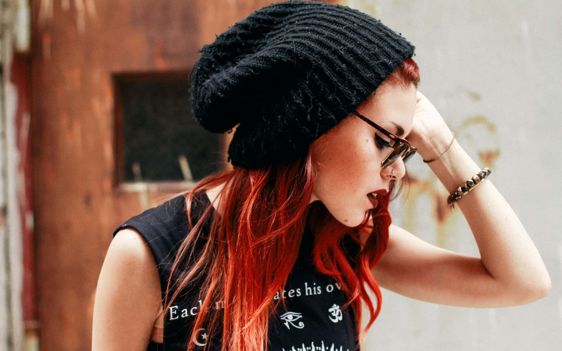 nose piercing, emo style, fiery red hair, Full HD Desktop Wallpaper